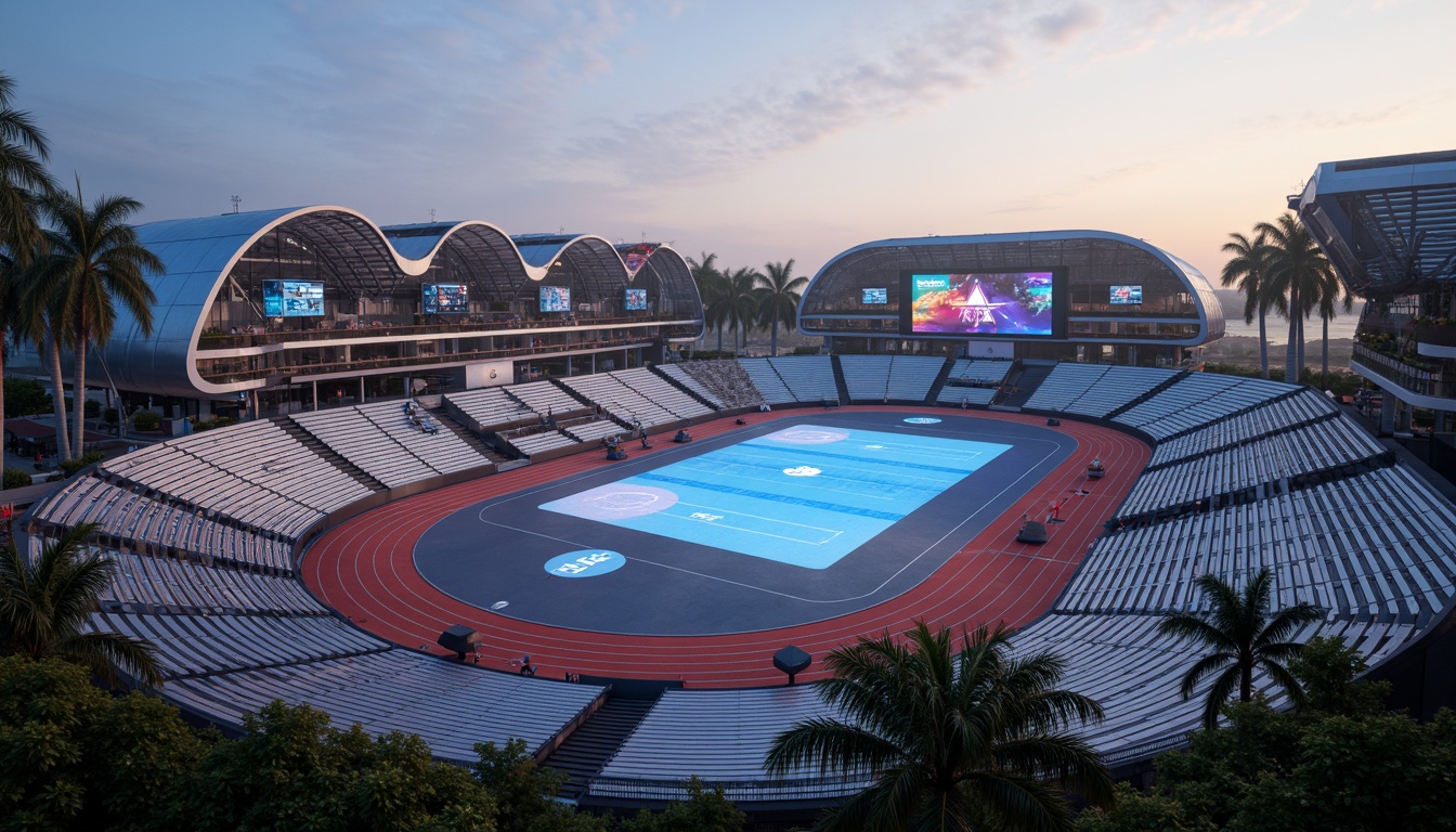 Prompt: Futuristic sports complex, undulating terrain, neon-lit athletic tracks, sleek metallic bleachers, holographic scoreboards, iridescent stadium roofs, glowing accents, vibrant LED lighting, misty atmospheric effects, shallow depth of field, 3/4 composition, panoramic view, realistic textures, ambient occlusion, lush greenery, tropical plants, palm trees, sunny day, warm soft focus, dynamic camera movements.