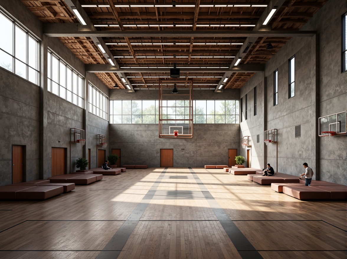 Prompt: Modern gymnasium interior, textured concrete walls, wooden flooring, metallic equipment, athletic tracks, basketball hoops, sports nets, spectator seating, natural light pouring in, large windows, industrial-style lighting, shallow depth of field, 1/1 composition, realistic textures, ambient occlusion, vibrant color accents, dynamic shadows, high-contrast lighting, dramatic atmosphere.