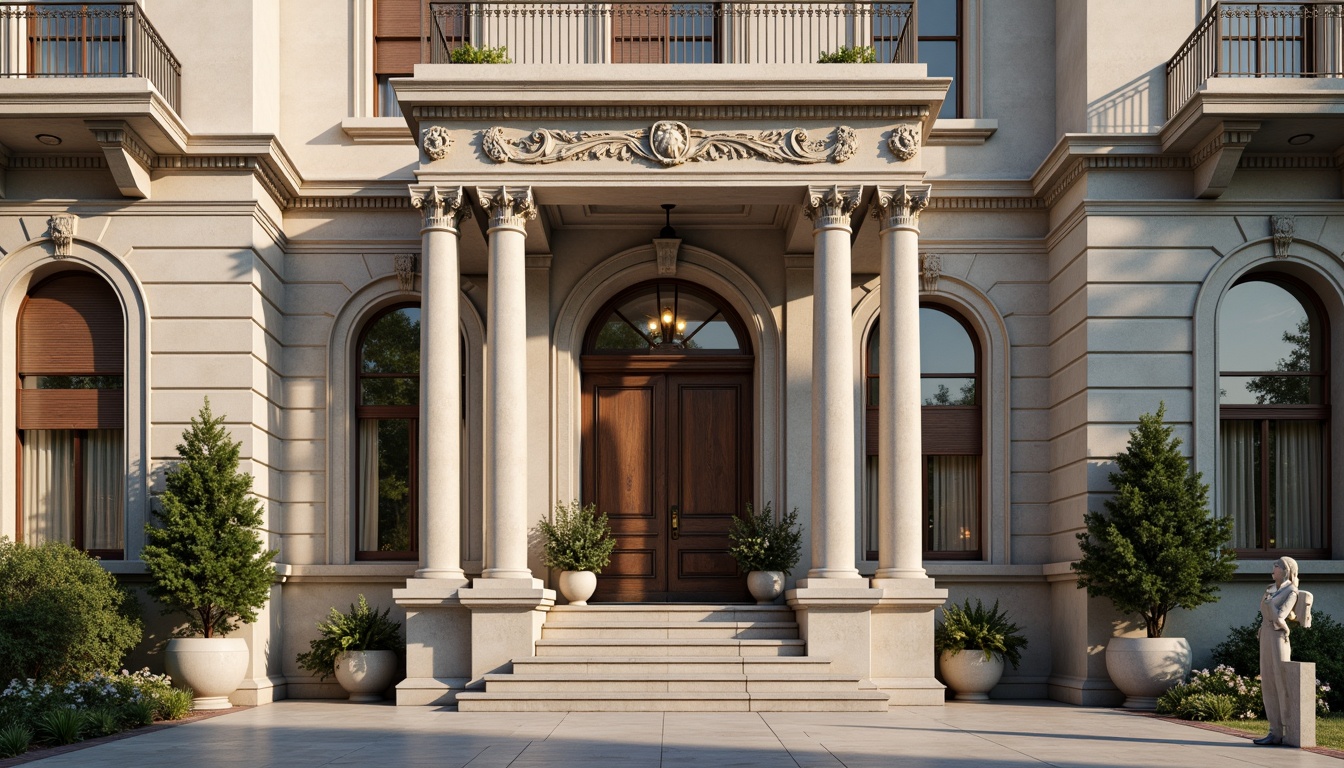 Prompt: Grandiose building facade, ornate columns, intricately carved details, symmetrical composition, classical proportions, limestone or marble materials, subtle color palette, soft natural light, warm afternoon ambiance, shallow depth of field, 2/3 composition, realistic textures, ambient occlusion, ornamental balustrades, decorative friezes, sculpted pediments, grand entranceways, sweeping staircases, elegant archways, refined moldings, luxurious ornamentation.