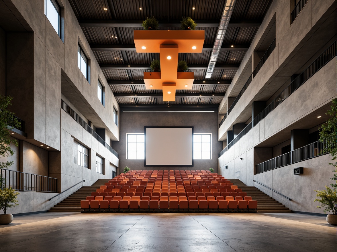 Prompt: Bauhaus-style auditorium, geometric shapes, industrial materials, exposed ductwork, concrete floors, steel beams, minimalist decor, functional lighting, rectangular windows, asymmetrical compositions, bold color accents, abstract patterns, brutalist architecture, modernist influences, clean lines, simplicity emphasis, natural light pouring in, high ceilings, open spaces, dynamic shadows, 1/1 composition, realistic textures, ambient occlusion.