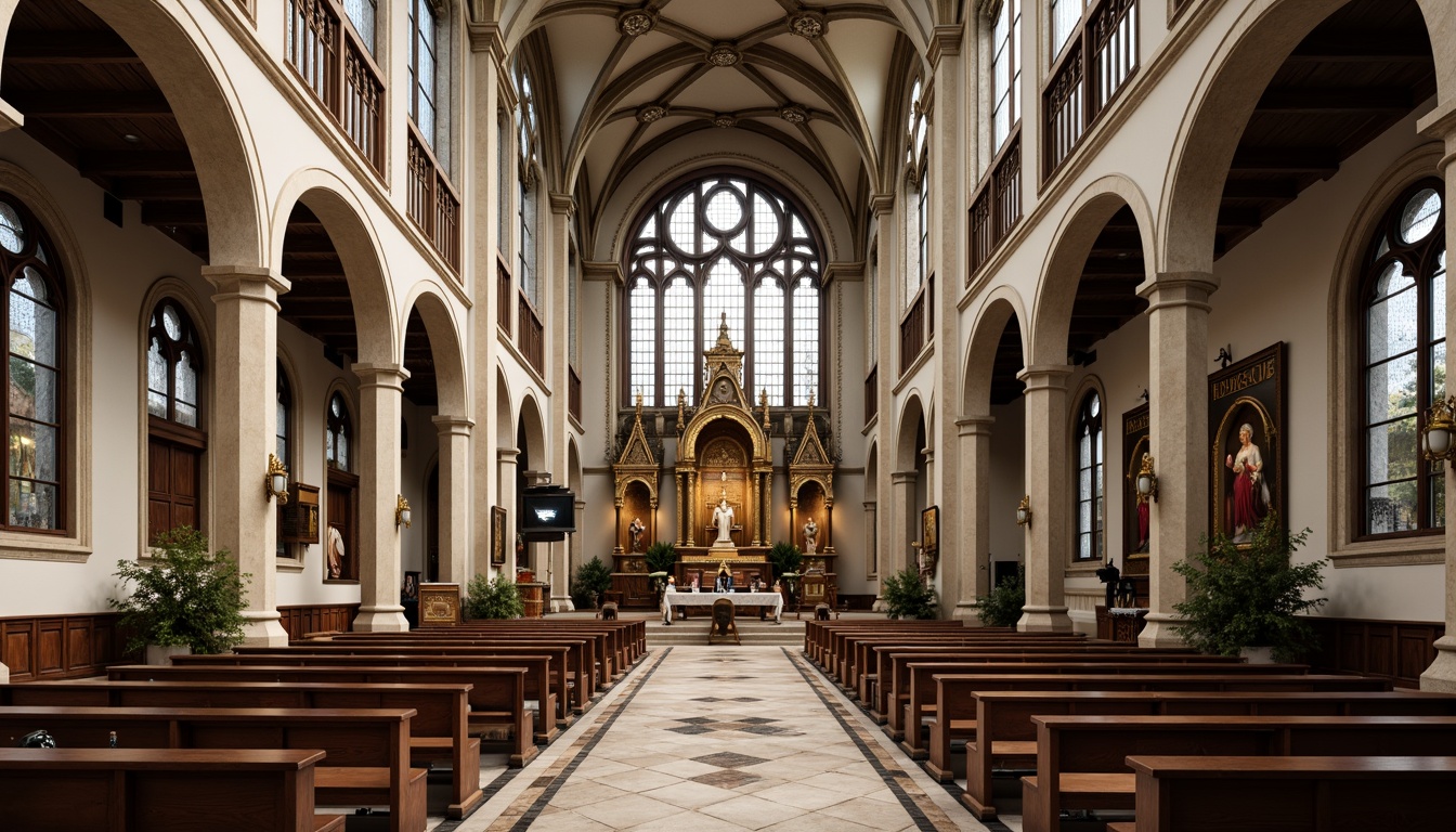 Prompt: Grandiose church facade, ornate stone carvings, majestic columns, intricately patterned marble floors, vaulted ceilings, stained glass windows, richly toned wooden pews, gilded altarpieces, solemn statues, elegant archways, symmetrical composition, warm soft lighting, subtle shading, realistic textures, ambient occlusion.