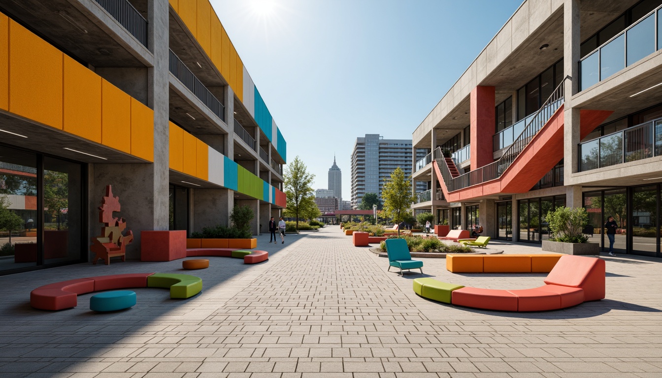 Prompt: Primary colors, geometric shapes, clean lines, minimalist aesthetic, industrial materials, steel beams, concrete walls, functional simplicity, rectangular forms, circular motifs, triangular compositions, bold typography, sans-serif fonts, urban landscape, modern cityscape, sunny day, high contrast lighting, deep shadows, 1/1 composition, symmetrical balance, abstract patterns, decorative textiles, woven fabrics, leather accents, metallic surfaces, brutalist architecture, functional design, innovative materials.