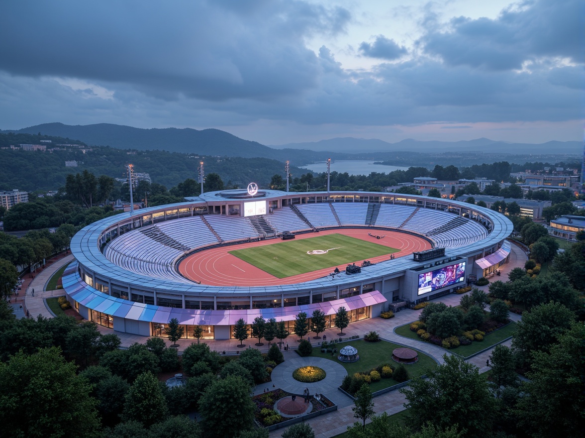 Prompt: Futuristic sports complex, undulating terrain, neon-lit athletic tracks, sleek metallic bleachers, holographic scoreboards, iridescent stadium roofs, glowing accents, vibrant LED lighting, misty atmospheric effects, shallow depth of field, 3/4 composition, panoramic view, realistic textures, ambient occlusion, lush greenery, tropical plants, palm trees, sandy pathways, winding water features, futuristic sculptures, abstract geometric patterns, dynamic kinetic architecture, wind-swept curves, aerodynamic lines.