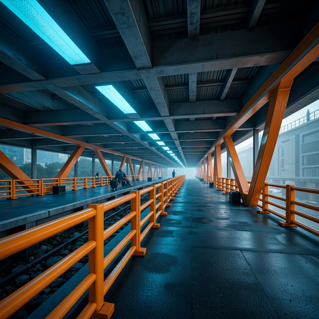 Prompt: Modern urban bridge, sleek metal structure, bold industrial colors, dark grey steel beams, bright orange accents, vibrant yellow safety rails, cool blue LED lighting, misty atmospheric effects, shallow depth of field, 1/1 composition, realistic metallic textures, ambient occlusion.