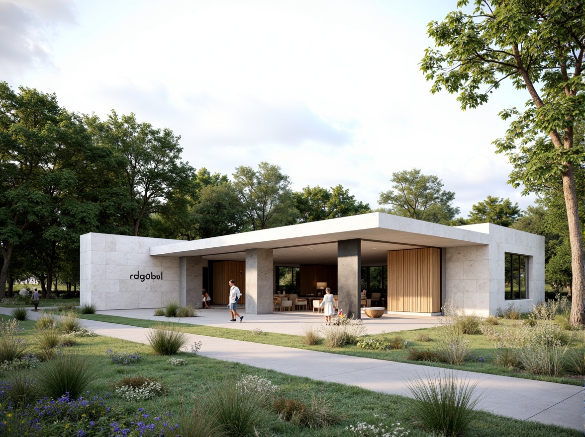 Prompt: Simple visitor center, minimalist facade, clean lines, monochromatic color scheme, natural stone walls, large glass windows, sliding doors, open floor plan, minimal ornamentation, functional design, subtle branding, wooden accents, neutral tones, abundant natural light, soft shadows, shallow depth of field, 1/1 composition, realistic textures, ambient occlusion, serene surroundings, lush greenery, walking trails, scenic views.