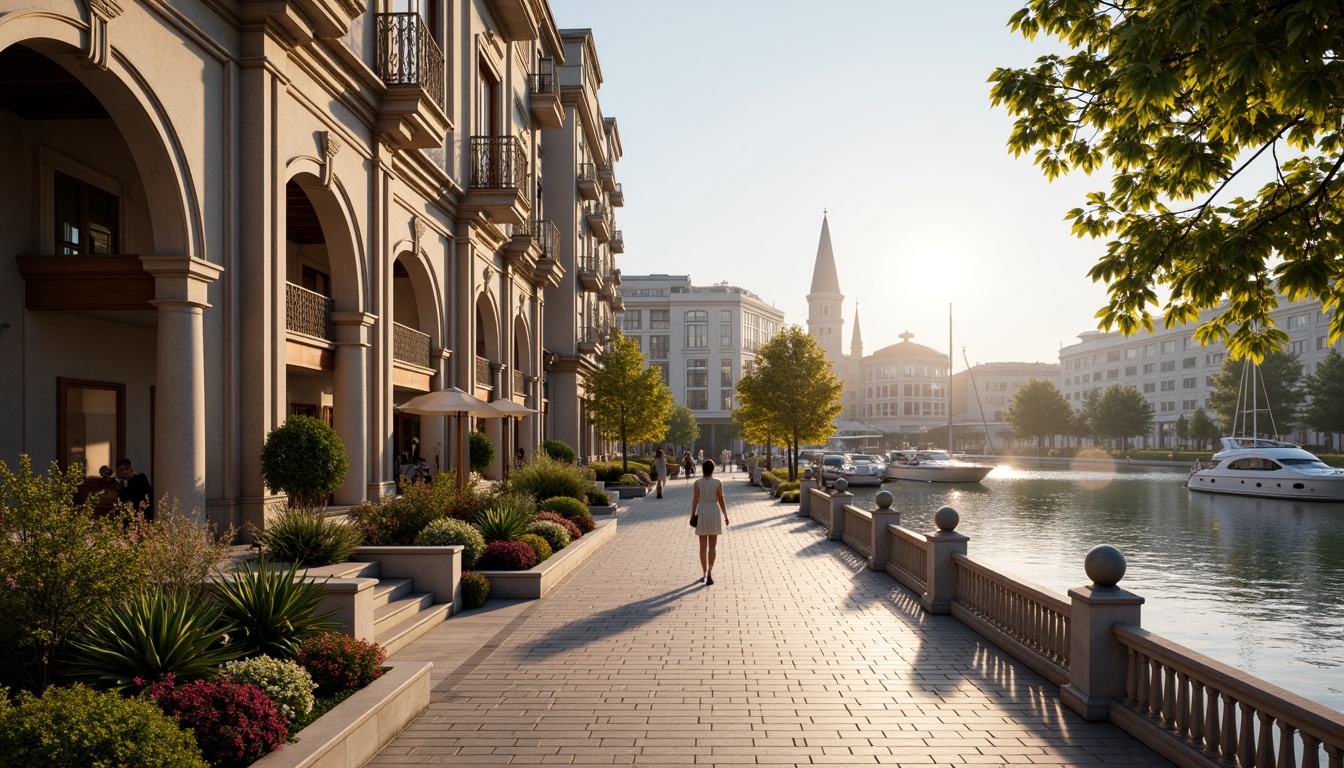 Prompt: Riverfront promenade, ornate balustrades, grandiose columns, symmetrical facades, elegant archways, refined stonework, majestic river views, serene water reflections, lush greenery, vibrant flowers, picturesque boat docks, sailboats, yachts, tranquil atmosphere, warm golden lighting, soft misty effects, 1/2 composition, cinematic framing, realistic textures, subtle ambient occlusion.