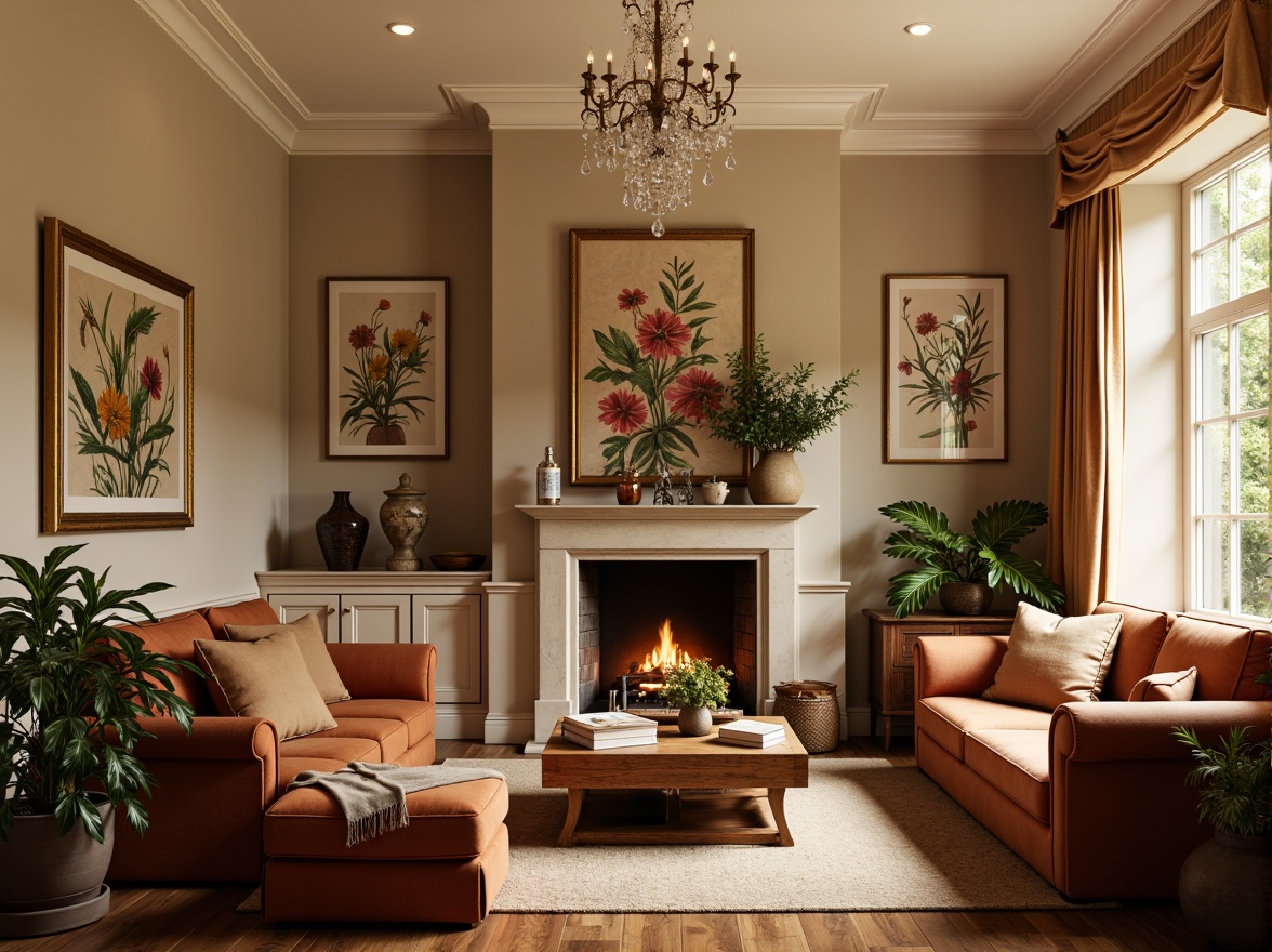 Prompt: Cozy living room, warm beige walls, rich walnut wood furniture, plush velvet sofas, soft golden lighting, natural stone fireplace, earthy terracotta accents, calming botanical prints, creamy white trim, elegant crystal chandeliers, inviting atmosphere, 1/1 composition, shallow depth of field, realistic textures, ambient occlusion.