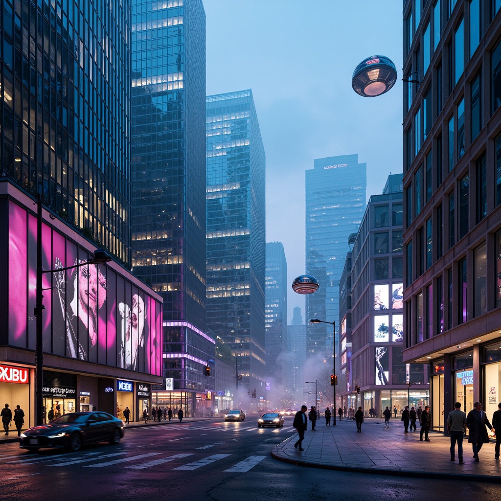 Prompt: Neon-lit skyscrapers, metallic silver accents, iridescent glass facades, holographic advertisements, cyberpunk cityscape, vibrant electric blue hues, neon green highlights, deep purple tones, rose gold details, sleek chrome lines, geometric patterns, futuristic urban landscape, high-tech infrastructure, levitating transportation pods, atmospheric mist, soft glowing ambiance, shallow depth of field, 1/1 composition, cinematic lighting, realistic reflections.