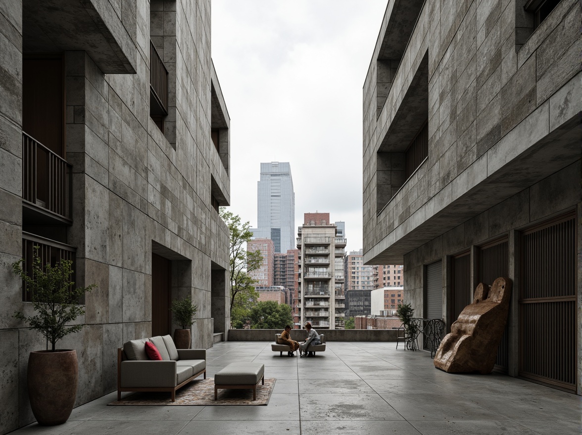 Prompt: Rustic brutalist architecture, exposed concrete walls, rough stone textures, metallic accents, industrial materials, minimalist decor, functional design, urban cityscape, overcast sky, dramatic shadows, high-contrast lighting, 1/1 composition, symmetrical framing, abstract geometric patterns, monochromatic color scheme, weathered steel beams, raw wood elements, distressed finishes, brutalist sculptures, avant-garde art installations.