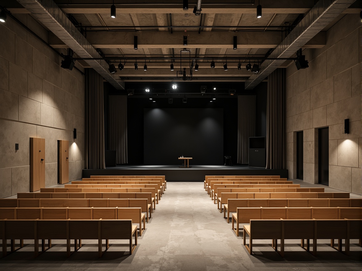 Prompt: Minimalist theater interior, concrete floors, industrial metal beams, exposed ductwork, simple wooden seats, sleek black stage, subtle LED lighting, dramatic spotlights, acoustic panels, sound-absorbing materials, neutral color palette, monochromatic tones, clean lines, minimal ornamentation, functional simplicity, urban loft atmosphere, high ceilings, open space, flexible seating arrangements, movable partitions, versatile performance areas, warm ambient glow, soft shadows, 1/1 composition, realistic textures, subtle reflections.