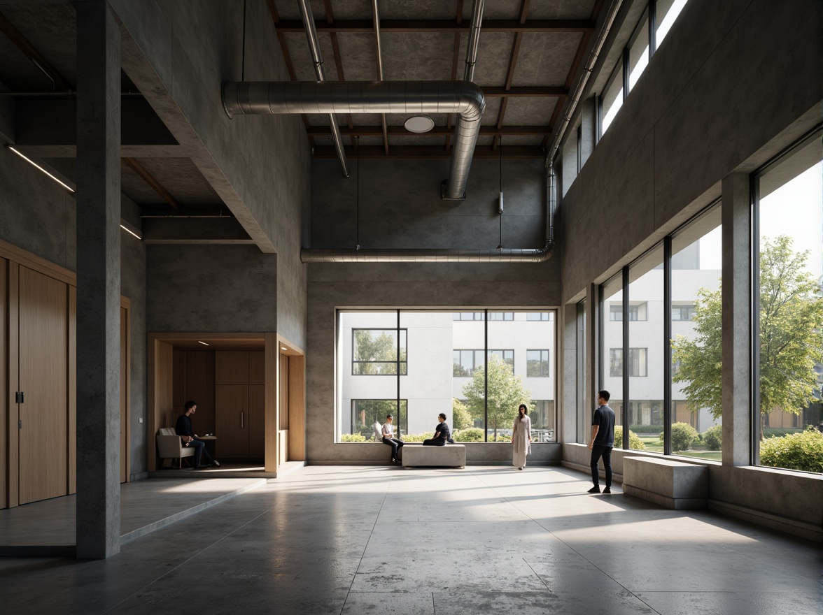 Prompt: Minimalist building facade, clean lines, monochromatic color scheme, industrial materials, exposed ductwork, polished concrete floors, floor-to-ceiling windows, natural light pouring in, soft warm glow, subtle shadows, recessed lighting fixtures, hidden LED strips, ambient illumination, 1/1 composition, shallow depth of field, realistic textures, soft focus, atmospheric perspective.