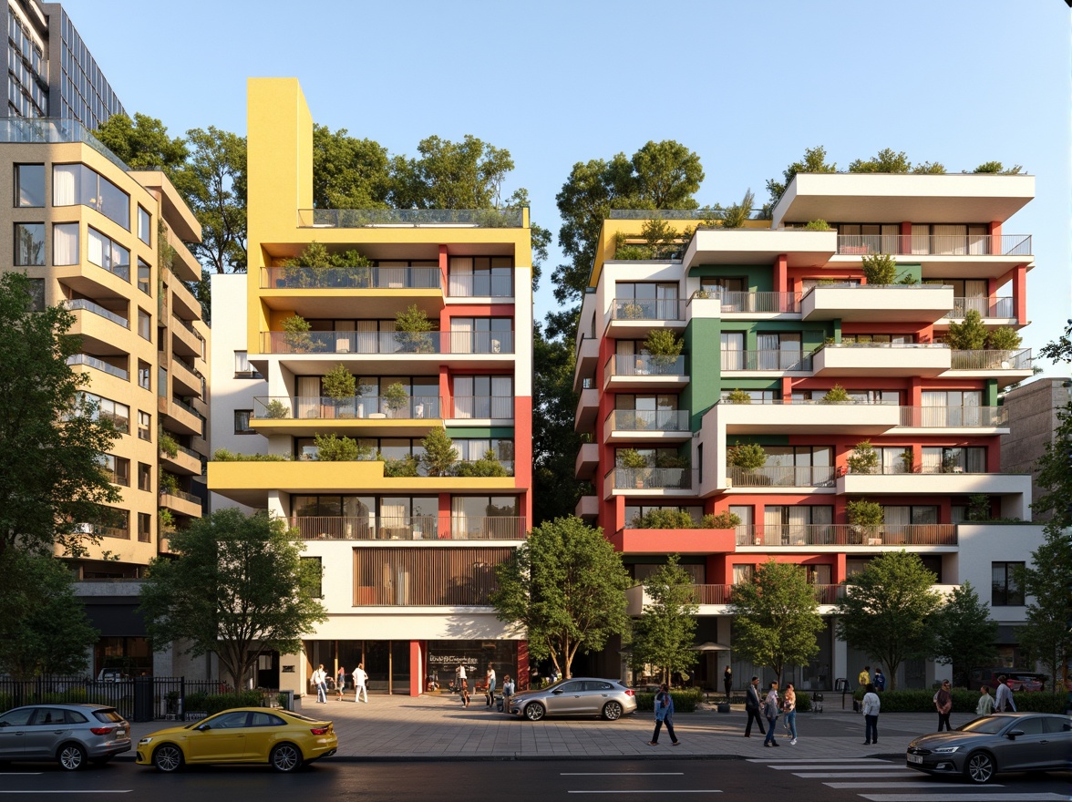 Prompt: Vibrant social housing complex, modern facade design, bold color schemes, geometric patterns, angular balconies, cantilevered roofs, sustainable materials, green walls, vertical gardens, urban landscape, bustling city life, warm sunny day, soft natural lighting, shallow depth of field, 3/4 composition, panoramic view, realistic textures, ambient occlusion.