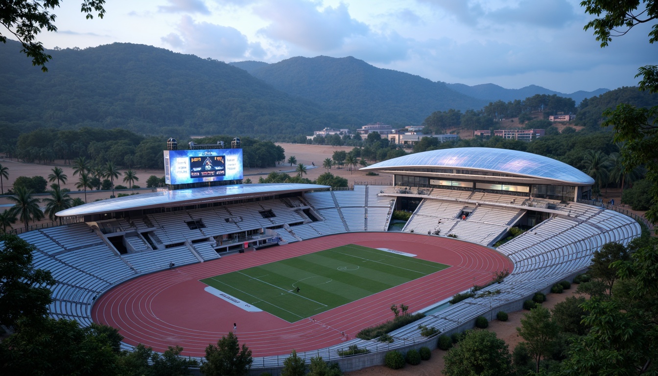 Prompt: Futuristic sports complex, undulating terrain, neon-lit athletic tracks, sleek metallic bleachers, holographic scoreboards, iridescent stadium roofs, glowing accents, vibrant LED lighting, misty atmospheric effects, shallow depth of field, 3/4 composition, panoramic view, realistic textures, ambient occlusion, lush greenery, tropical plants, palm trees, sandy pathways, winding water features, futuristic sculptures, abstract geometric patterns, dynamic kinetic architecture, wind-swept curves, aerodynamic lines.