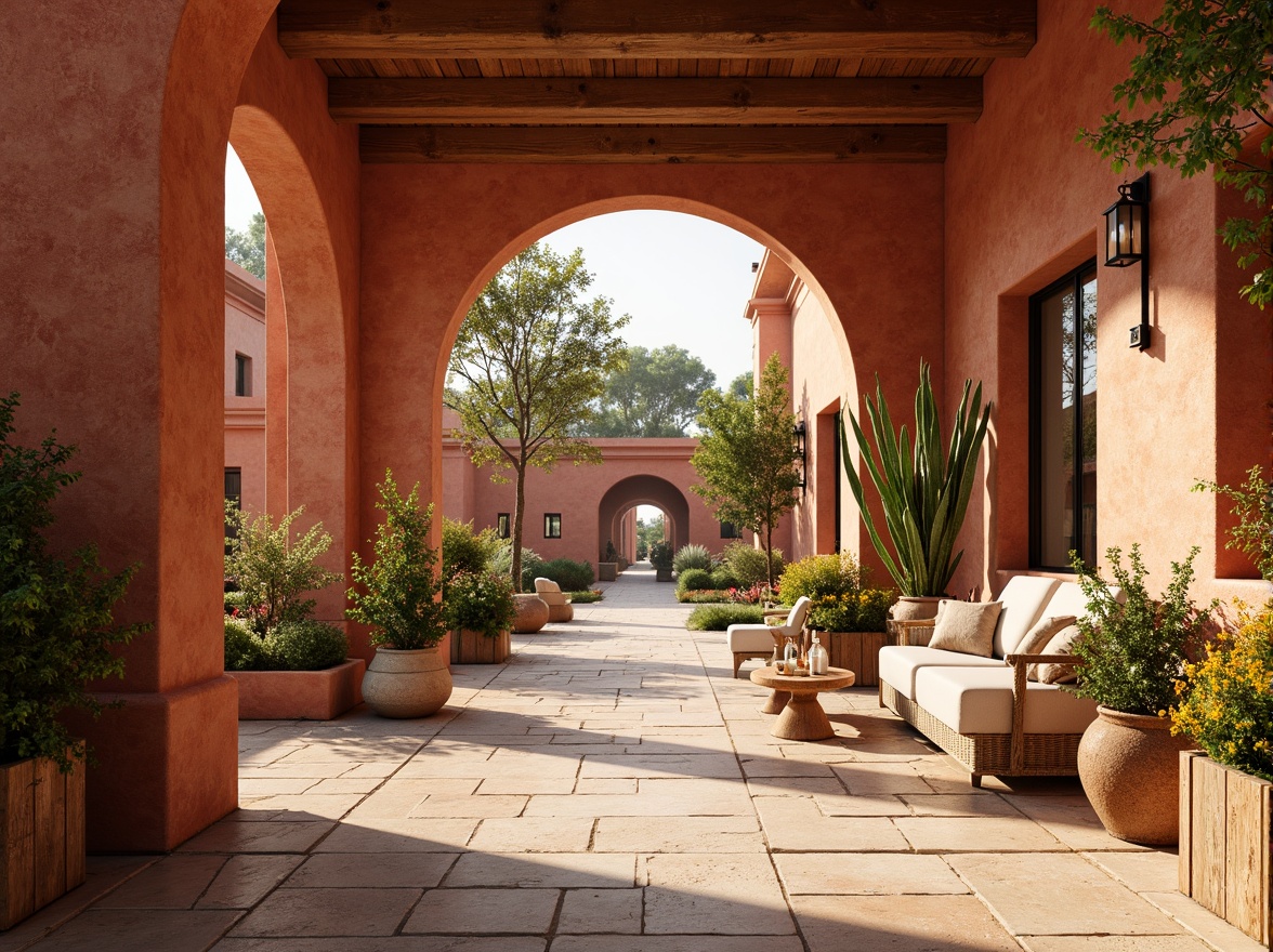 Prompt: Warm fire brick walls, earthy terracotta tones, rich sienna reds, deep burnt oranges, soft golden yellows, creamy whites, natural stone textures, rustic wooden accents, lush greenery, vibrant flowers, sunny day, soft warm lighting, shallow depth of field, 3/4 composition, panoramic view, realistic textures, ambient occlusion.