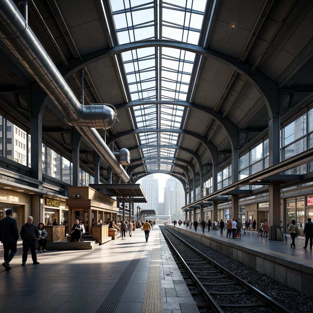 Prompt: Modern train station, steel framework, industrial aesthetic, exposed ductwork, metallic beams, sleek glass roofs, cantilevered canopies, urban landscape, bustling atmosphere, morning rush hour, natural light pouring in, shallow depth of field, 1/2 composition, realistic reflections, ambient occlusion, detailed textures, vibrant city sounds.