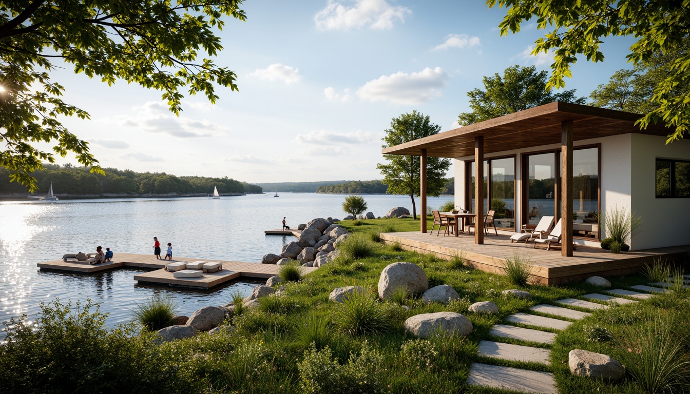 Prompt: Lakefront villa, serene water views, lush greenery, wooden docks, sailboats, calm lake surface, warm sunny day, soft natural lighting, shallow depth of field, 3/4 composition, panoramic view, realistic textures, ambient occlusion, modern minimalist architecture, large windows, sliding glass doors, outdoor living spaces, comfortable furniture, nature-inspired color palette, rustic wood accents, stone pathways, scenic walking trails.