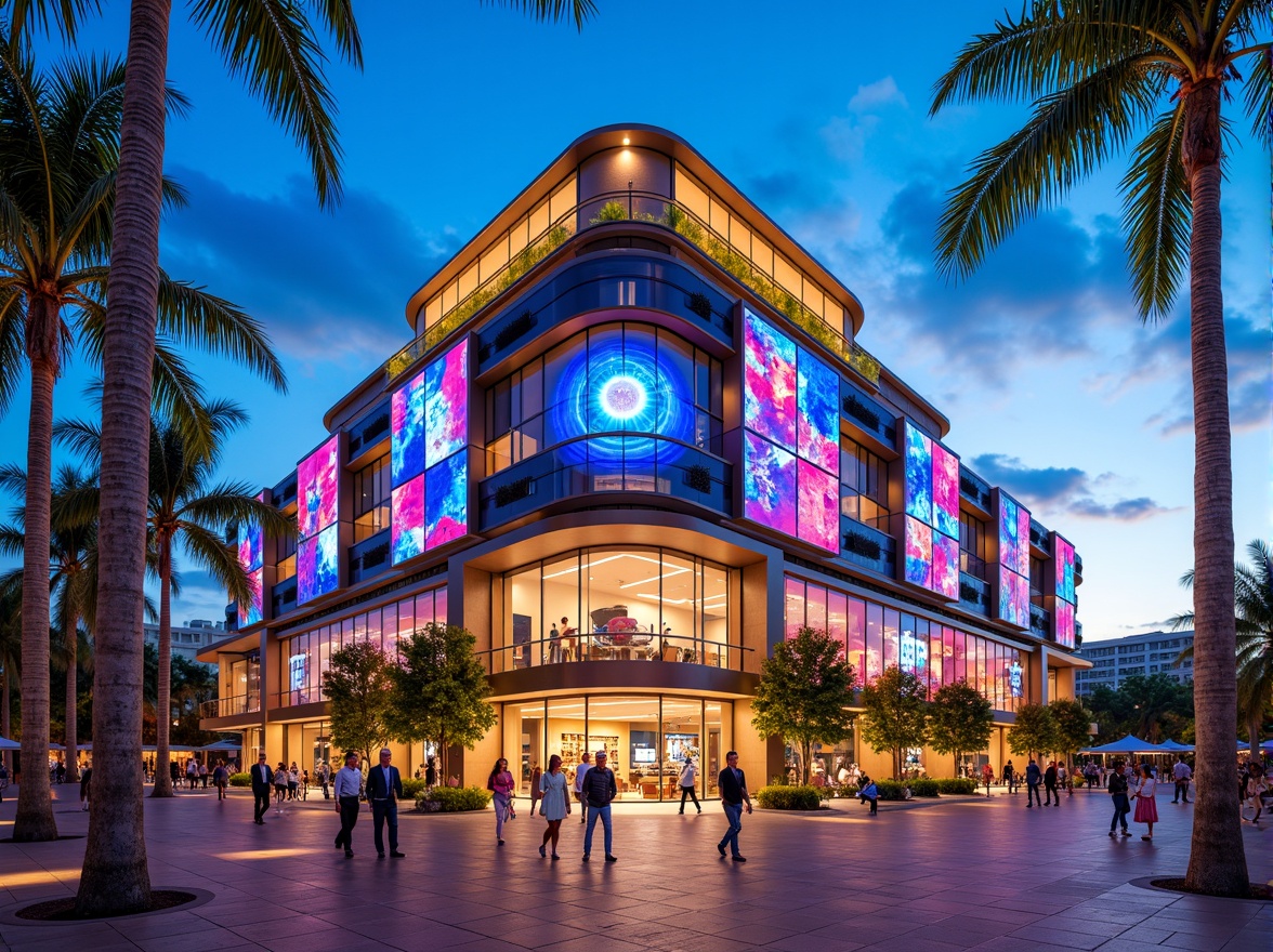 Prompt: Vibrant casino facade, neon lights, dynamic LED displays, curved glass surfaces, metallic accents, futuristic architecture, bold geometric patterns, luxurious materials, lavish decorations, grand entrance, sweeping arches, ornate details, tropical palm trees, warm sandy beach, clear blue sky, sunny day, shallow depth of field, 3/4 composition, panoramic view, realistic textures, ambient occlusion.