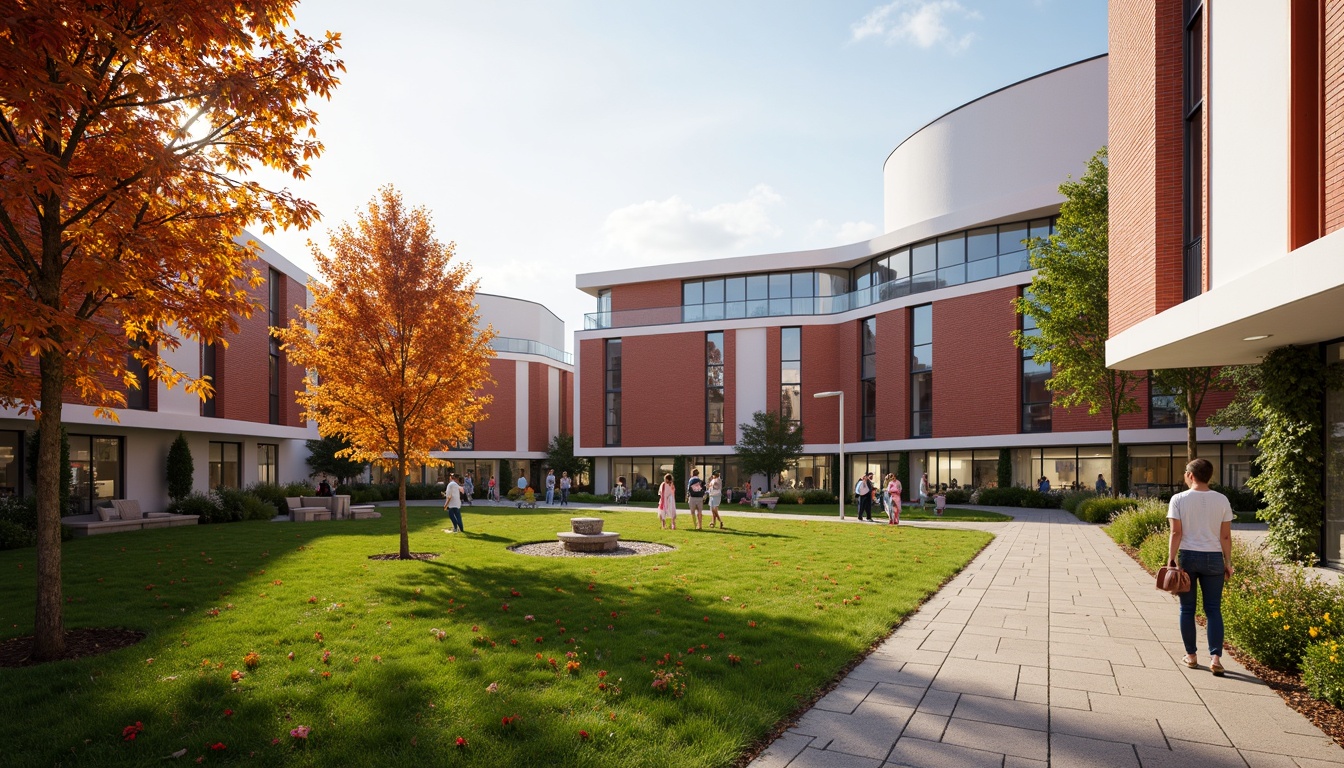 Prompt: Vibrant university campus, harmonious color palette, bold red brick buildings, contrasting white accents, lush green lawns, blooming flowers, natural stone pathways, modern minimalist architecture, sleek glass facades, warm golden lighting, shallow depth of field, 3/4 composition, panoramic view, realistic textures, ambient occlusion.