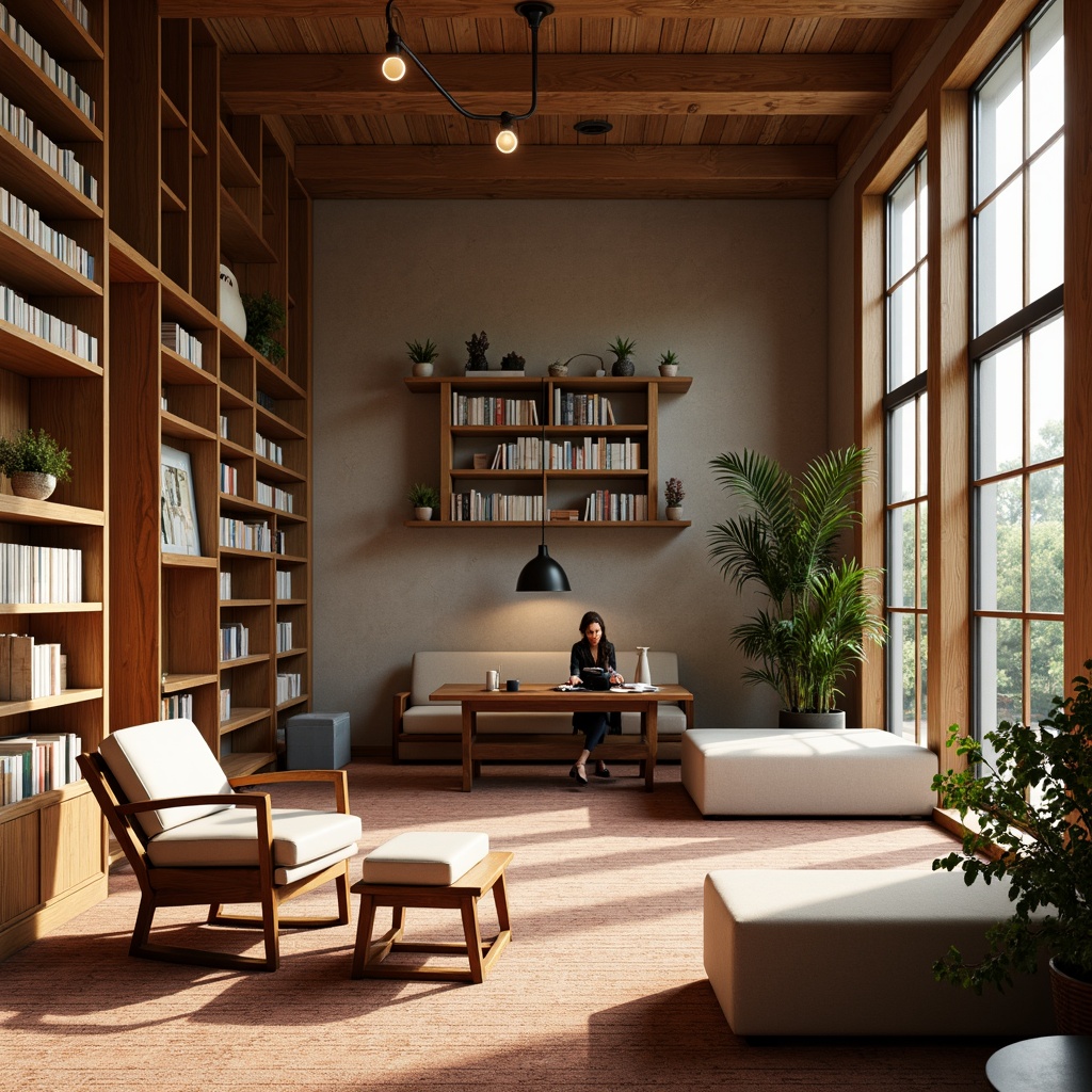 Prompt: Cozy reading nooks, comfortable seating areas, warm wooden shelves, soft carpeting, calming color schemes, natural light pouring in, floor-to-ceiling windows, minimalist decor, modern furniture designs, ergonomic chairs, ample table space, quiet atmosphere, peaceful ambiance, subtle scent of old books, warm lighting fixtures, 1/1 composition, shallow depth of field, realistic textures, ambient occlusion.