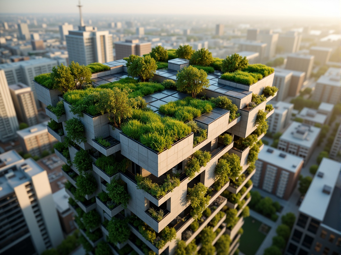 Prompt: Urban skyscraper, lush green roofs, verdant vegetation, modern architecture, sustainable design, eco-friendly materials, energy-efficient systems, solar panels, wind turbines, rainwater harvesting, grey water reuse, natural insulation, improved air quality, reduced urban heat island effect, increased biodiversity, habitat creation, stormwater management, noise reduction, thermal mass, rooftop gardens, recreational spaces, panoramic city views, soft warm lighting, shallow depth of field, 3/4 composition.