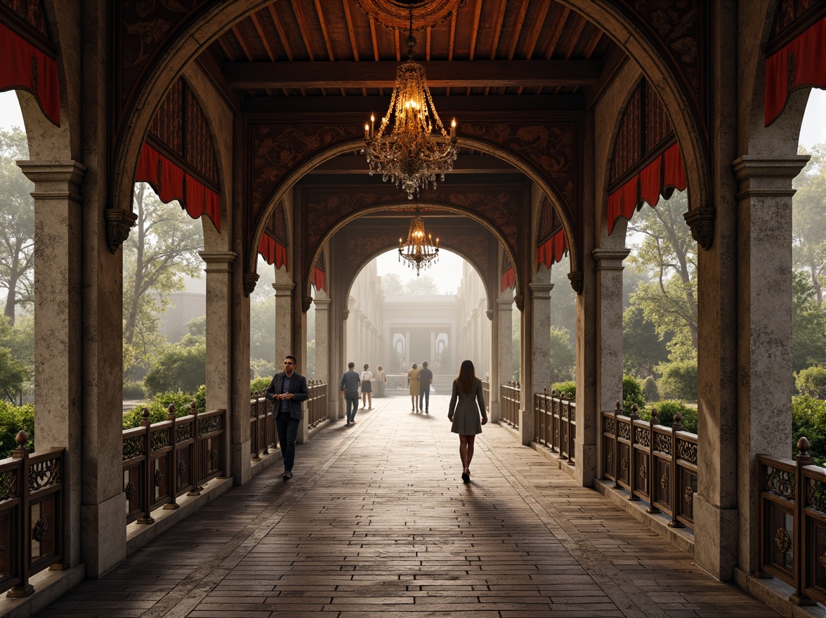 Prompt: Ornate Baroque bridge, rustic stone arches, intricately carved balustrades, polished bronze railings, ornamental lanterns, weathered copper roofing, distressed wooden decking, rich velvet draping, gilded accents, lavish crystal chandeliers, soft warm lighting, misty atmospheric effects, shallow depth of field, 1/2 composition, cinematic view, realistic textures, ambient occlusion.