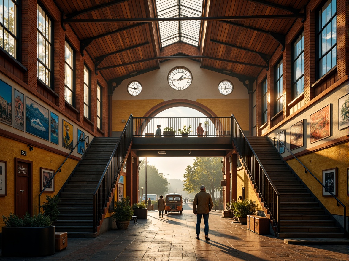 Prompt: Vibrant train station, expressionist architecture, bold geometric shapes, contrasting colors, warm golden lighting, industrial metal beams, distressed brick walls, ornate ironwork, grand staircases, intricate mosaics, eclectic art deco patterns, rich wood accents, vintage luggage carts, nostalgic steam engine details, atmospheric foggy day, dramatic shadows, cinematic low-angle shot, 1/2 composition, moody warm color grading, realistic textures, ambient occlusion.