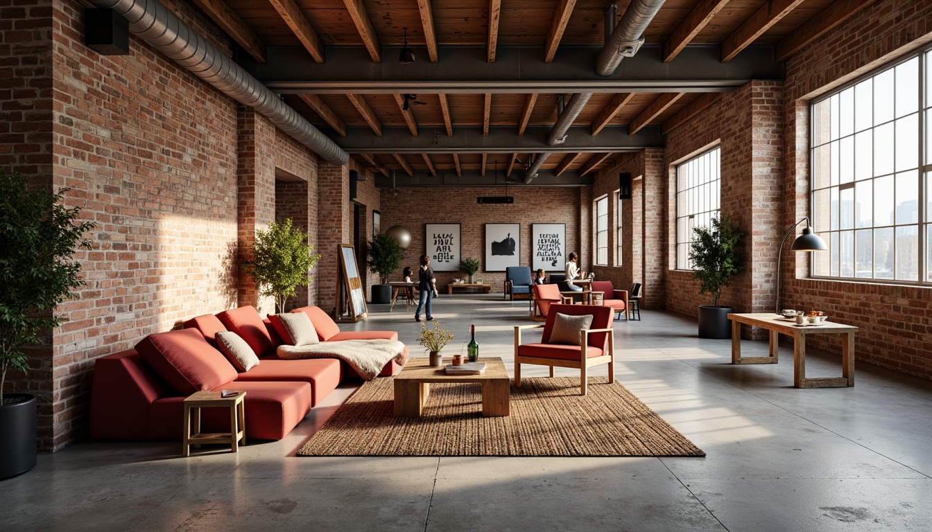 Prompt: Industrial chic interior, exposed brick walls, raw concrete floors, metal beams, reclaimed wood accents, minimalist decor, functional furniture, primary color palette, bold typography, geometric patterns, woven textiles, natural fibers, earthy tones, warm ambient lighting, shallow depth of field, 1/1 composition, realistic materials, subtle weathering effects.