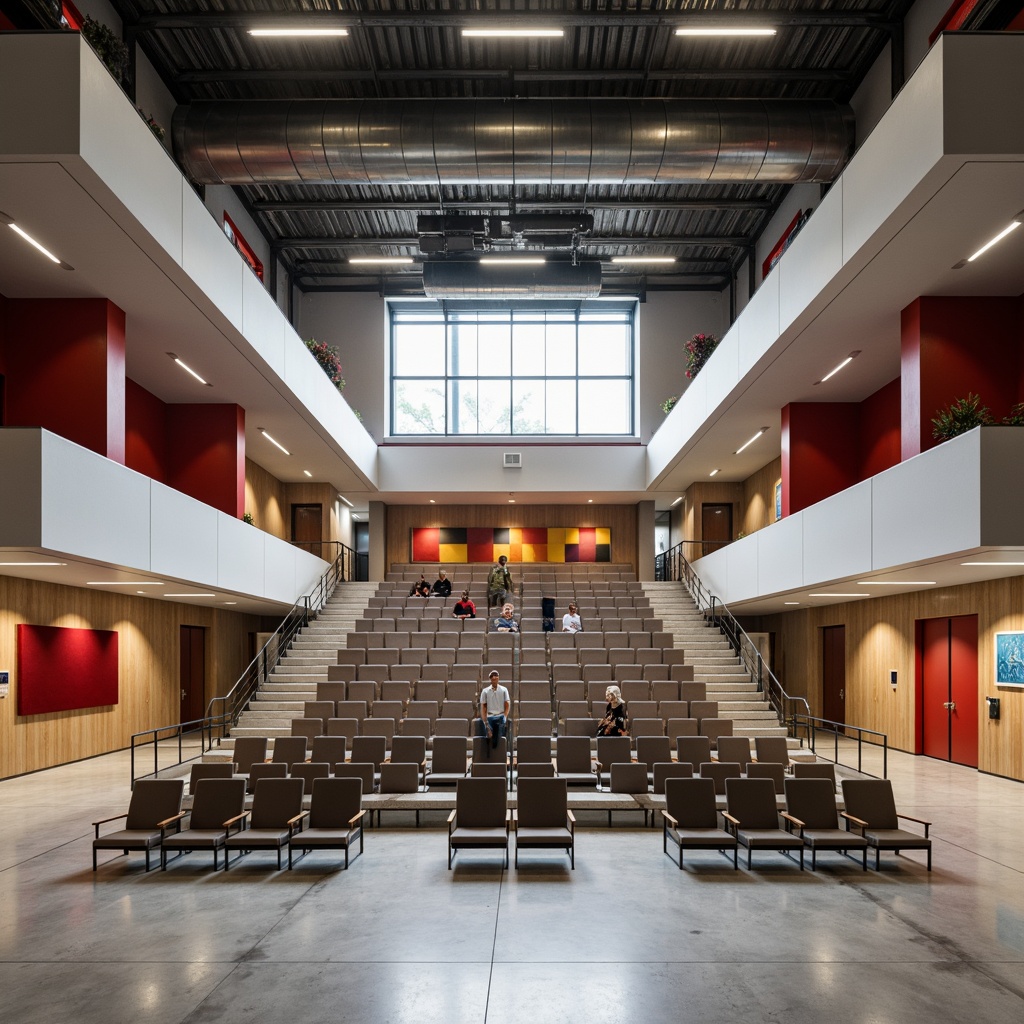 Prompt: Geometric auditorium, minimalist seating, industrial lighting fixtures, exposed ductwork, polished concrete floors, steel beams, functionalist architecture, rectangular shapes, primary color accents, bold typography, cantilevered balconies, asymmetrical compositions, natural light pouring in, high ceilings, open floor plans, modernist design elements, brutalist textures, abstract artwork, educational settings, collaborative learning spaces, flexible seating arrangements, moveable partitions, acoustic panels, sound-absorbing materials.