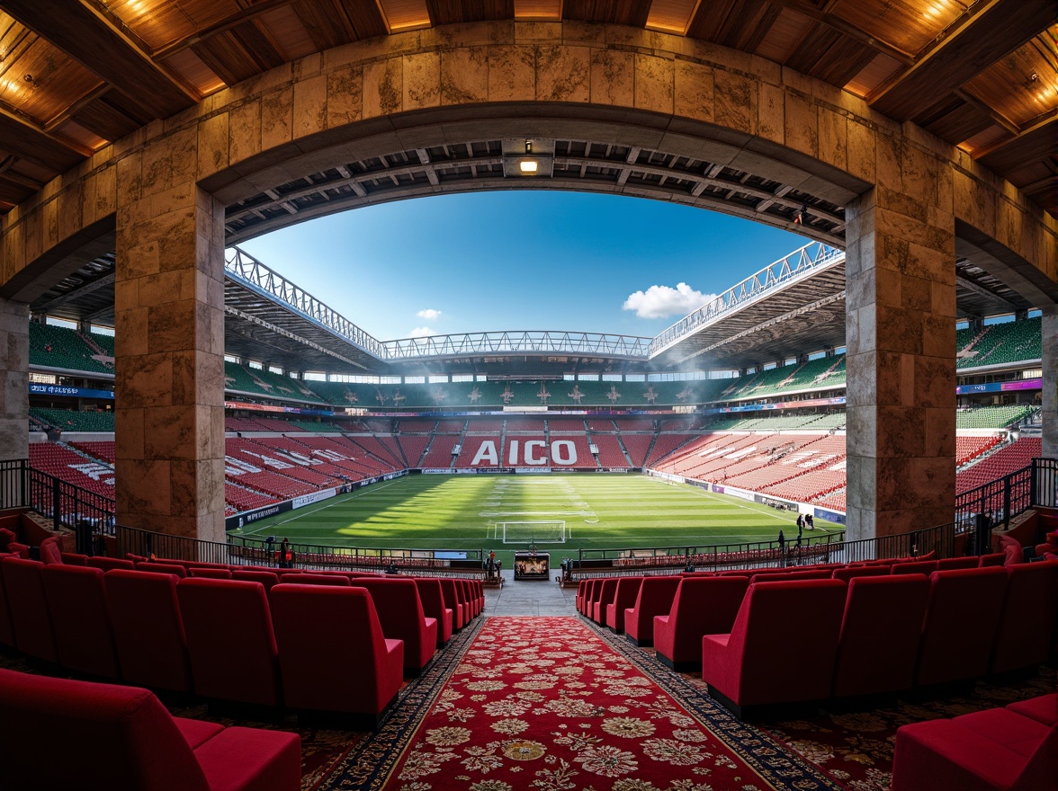 Prompt: Luxurious football stadium, Romanesque architecture, ornate stone carvings, grandiose archways, vibrant team colors, plush velvet seats, intricate patterned rugs, richly textured upholstery, metallic accents, dramatic spotlights, warm ambient lighting, 1/1 composition, shallow depth of field, realistic fabric simulations, detailed stitching, soft focus blur, atmospheric misting effects.