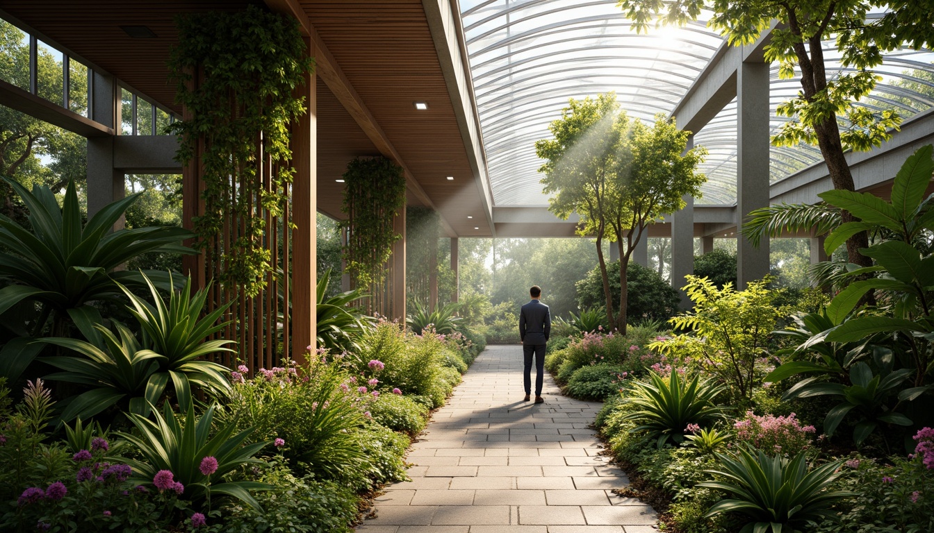 Prompt: Lush tropical plants, exotic flowers, natural stone pathways, wooden trellises, curved glass roofs, steel frames, modern minimalist architecture, abundant sunlight, soft warm illumination, shallow depth of field, 1/1 composition, realistic textures, ambient occlusion, misty atmosphere, dew droplets on leaves, vibrant green hues, earthy tones, organic shapes, sustainable materials, eco-friendly systems, innovative ventilation technologies, shaded outdoor spaces.