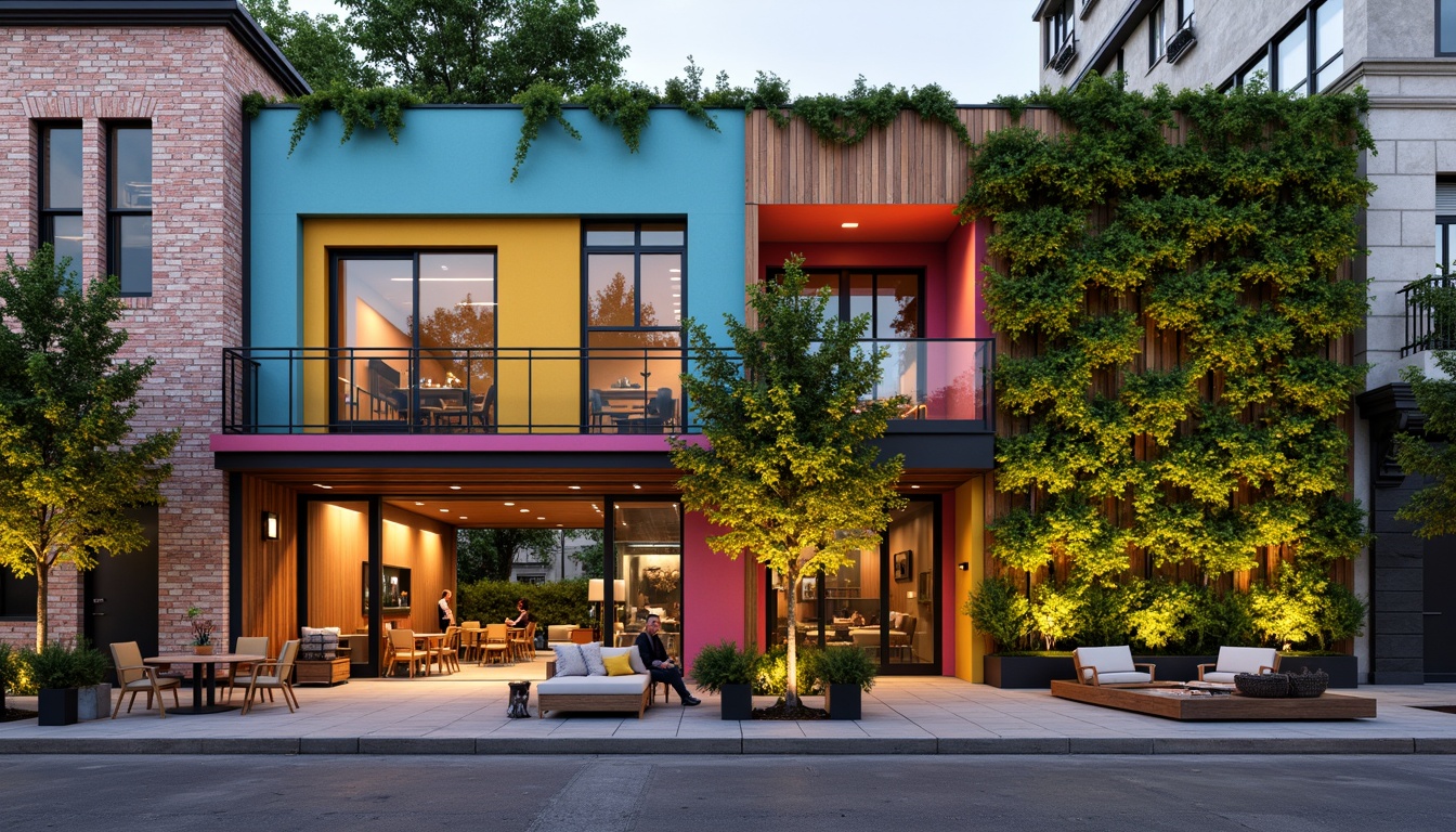 Prompt: Vibrant hostel facade, fusion architecture style, eclectic mix of modern and traditional elements, bold color blocking, contrasting textures, industrial metal accents, reclaimed wood features, large glass windows, sliding doors, cozy outdoor seating areas, lush green walls, vertical gardens, warm string lighting, shallow depth of field, 1/2 composition, realistic materials, ambient occlusion, bustling cityscape, urban landscape, morning sunlight, soft warm glow.