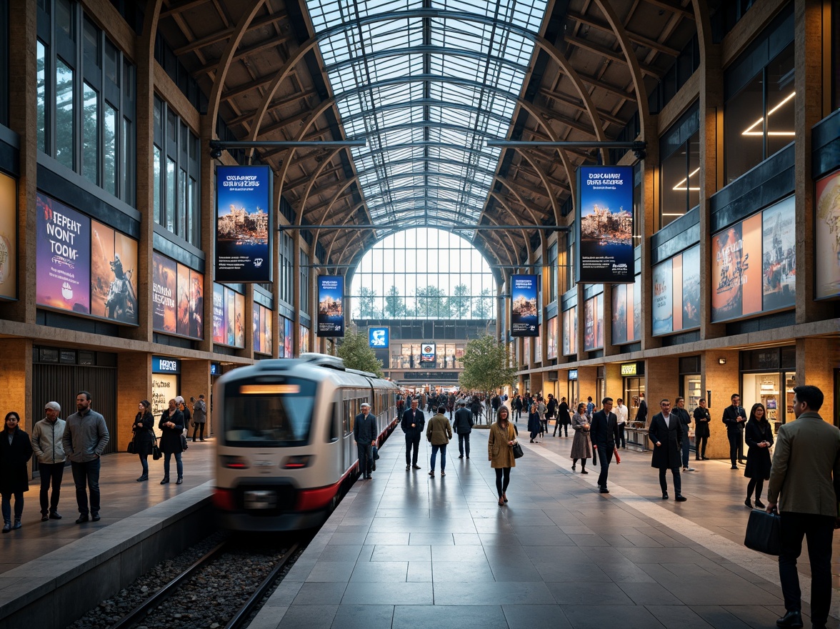 Prompt: Busy train station, modern architecture, grand entrance halls, high ceilings, natural light, sleek metal beams, polished marble floors, vibrant advertisements, electronic departure boards, comfortable waiting areas, convenient retail shops, spacious platforms, efficient signage systems, clear wayfinding, organized passenger flow, rush hour crowds, warm artificial lighting, shallow depth of field, 1/2 composition, realistic textures, ambient occlusion.