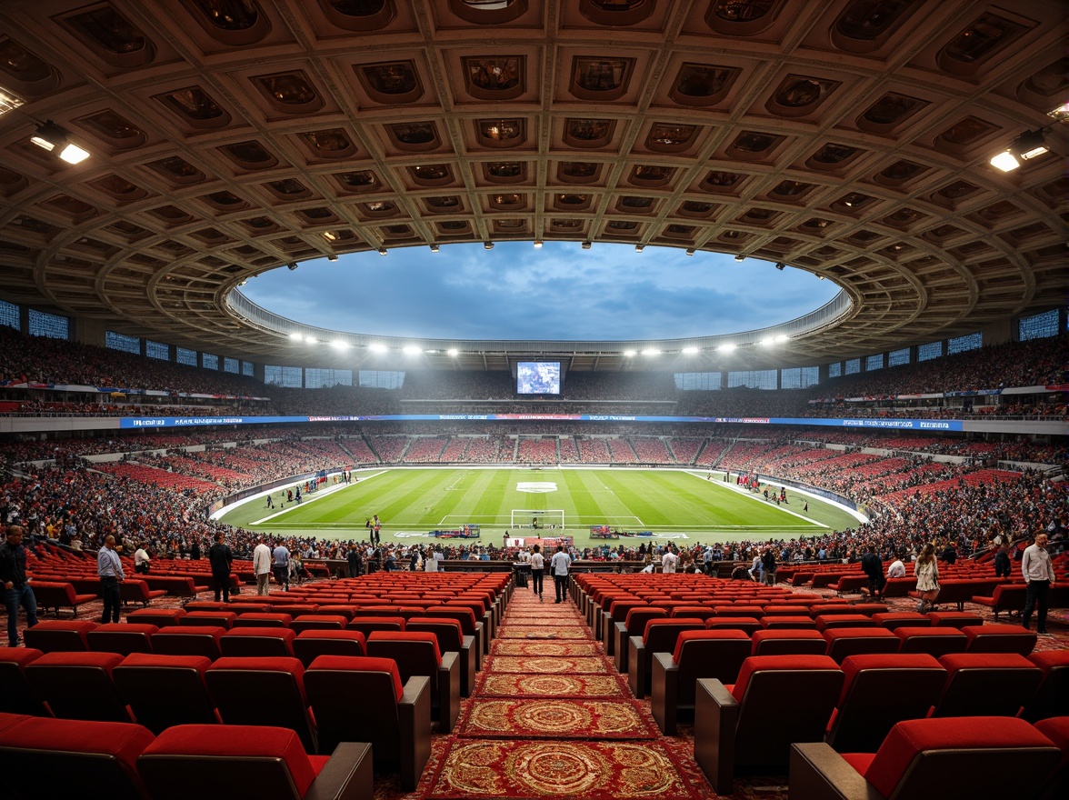 Prompt: Luxurious football stadium, Romanesque architecture, ornate stone carvings, grandiose archways, vibrant team colors, plush velvet seats, intricate patterned rugs, richly textured upholstery, metallic accents, dramatic spotlights, warm ambient lighting, 1/1 composition, shallow depth of field, realistic fabric simulations, detailed stitching, soft focus blur, atmospheric misting effects.