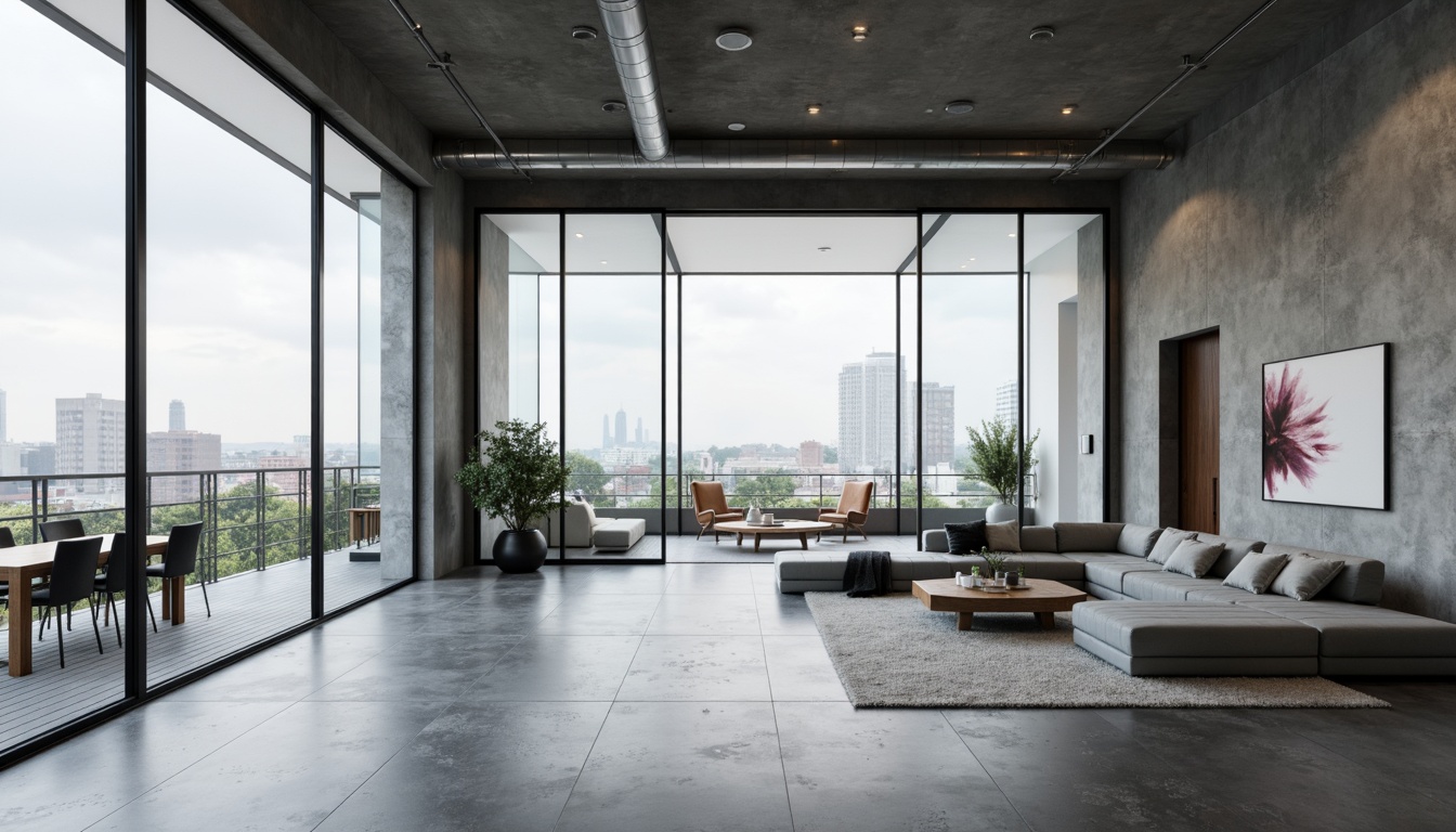 Prompt: Minimalist interior, open-plan living space, sleek lines, monochromatic color scheme, polished concrete floors, floor-to-ceiling windows, sliding glass doors, natural light, airy atmosphere, functional zones, flexible layouts, modular furniture, geometric shapes, industrial materials, exposed ductwork, urban loft aesthetic, modern cityscape views, cloudy day, soft diffused lighting, shallow depth of field, 2/3 composition, realistic textures, ambient occlusion.