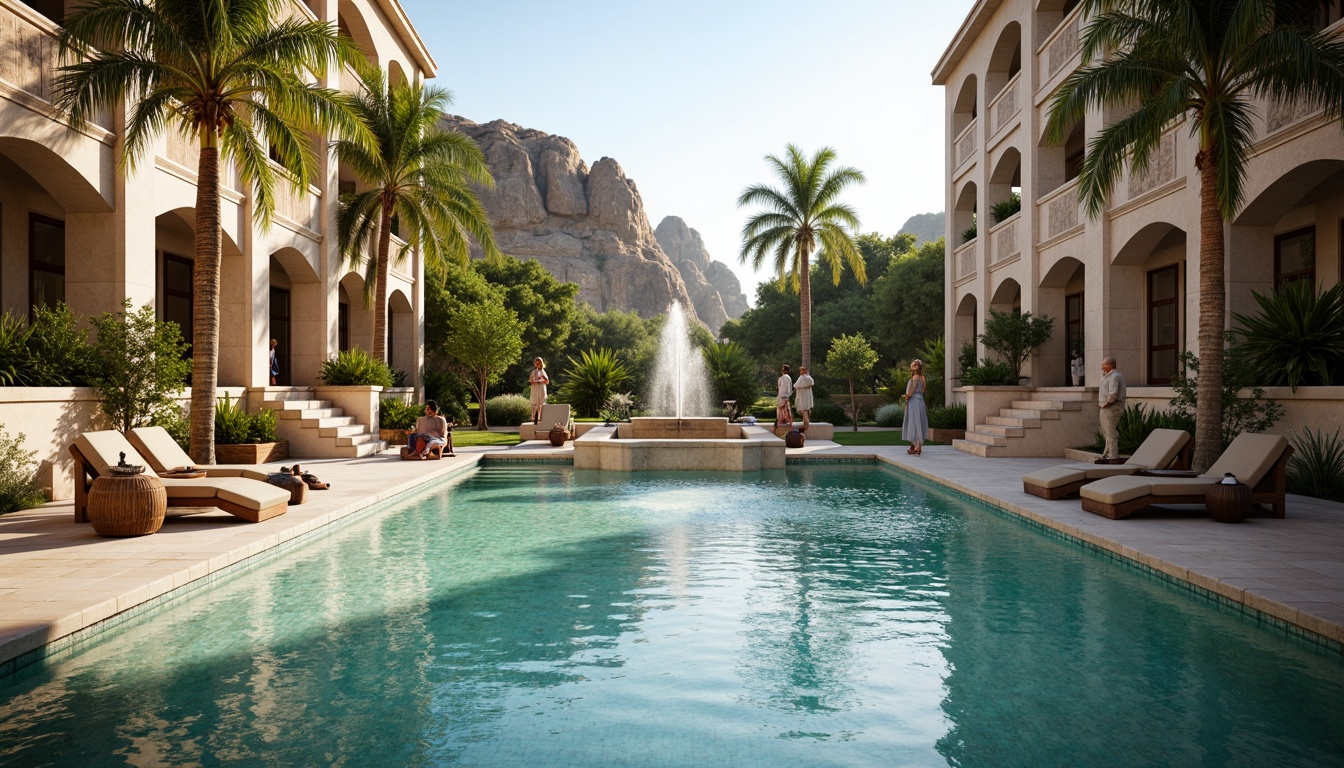 Prompt: Grandiose swimming pool, ornate fountains, majestic waterfalls, symmetrical staircases, elegant balustrades, refined stone carvings, classical columns, arched windows, soft turquoise water, lush greenery surroundings, natural rock formations, subtle misting systems, warm golden lighting, shallow depth of field, 1/2 composition, realistic textures, ambient occlusion.