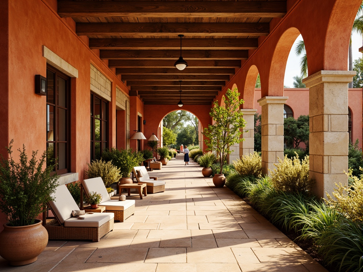 Prompt: Warm fire brick walls, earthy terracotta tones, rich sienna reds, deep burnt oranges, soft golden yellows, creamy whites, natural stone textures, rustic wooden accents, lush greenery, vibrant flowers, sunny day, soft warm lighting, shallow depth of field, 3/4 composition, panoramic view, realistic textures, ambient occlusion.