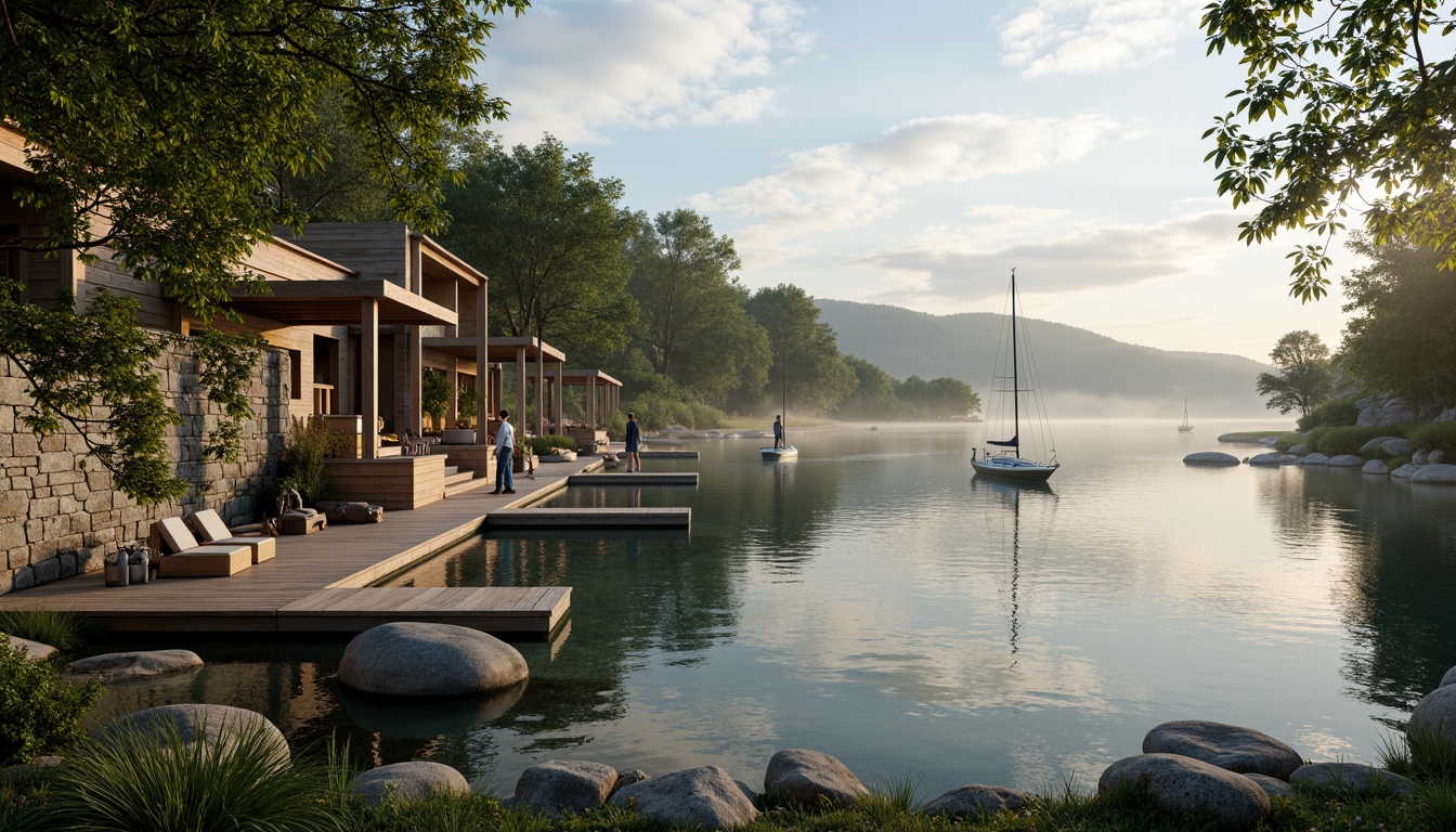 Prompt: \Soothing lakefront architecture, serene water reflections, lush greenery, natural stone walls, wooden docks, sailboats, calm misty mornings, soft warm lighting, shallow depth of field, 3/4 composition, panoramic view, realistic textures, ambient occlusion, earthy tones, blues and greens color palette, weathered wood accents, rustic metal details, cozy cabin-inspired design, nautical elements, driftwood decorations, lake-inspired sculptures.\