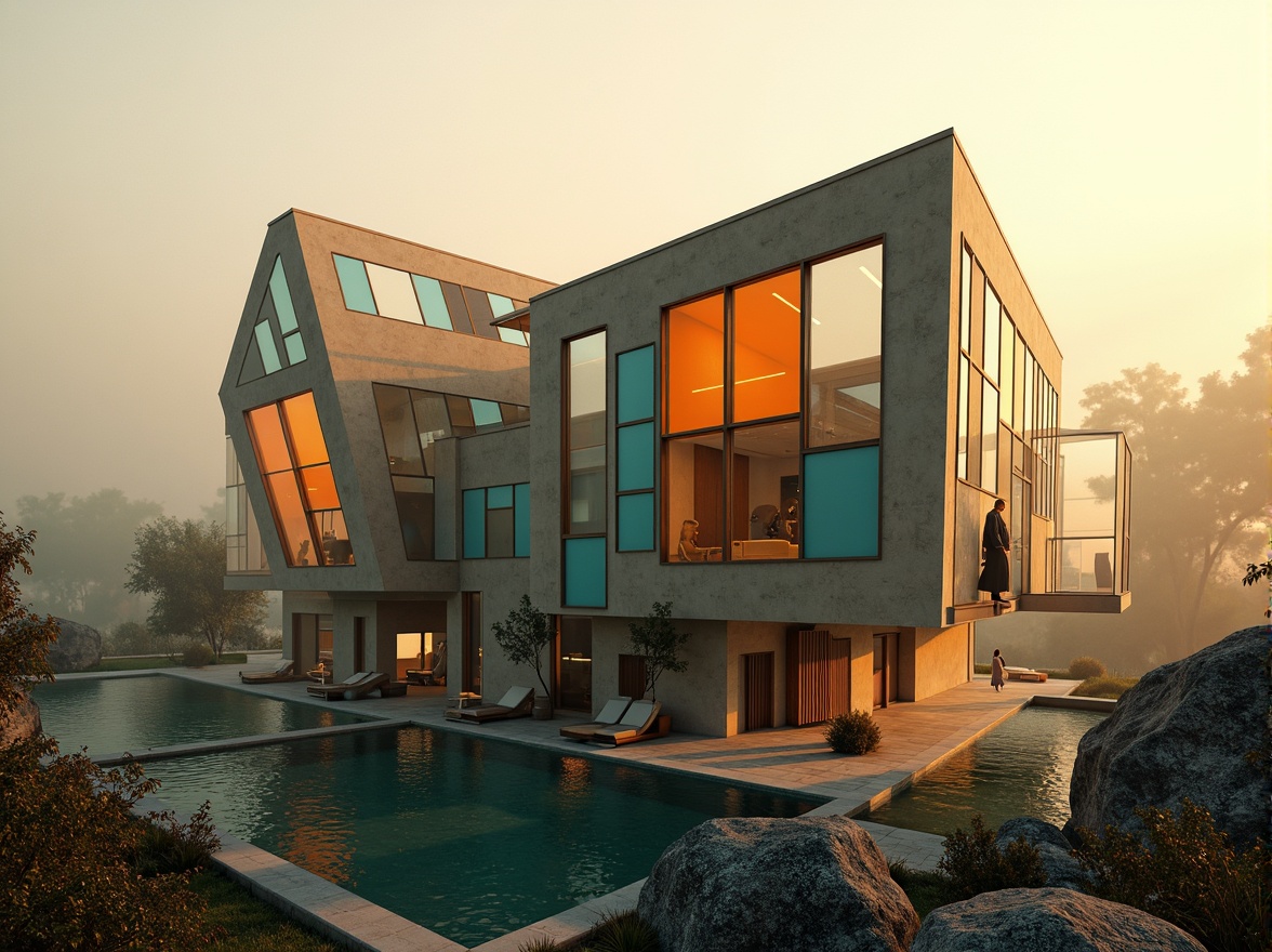 Prompt: Unconventional experimental house, irregular shapes, bold color blocking, dynamic angular lines, futuristic materials, translucent glass fa\u00e7ades, cantilevered volumes, suspended walkways, abstract sculptures, avant-garde art installations, surreal landscape, misty atmosphere, warm golden lighting, shallow depth of field, 1/1 composition, dramatic shadows, high-contrast textures, ambient occlusion.