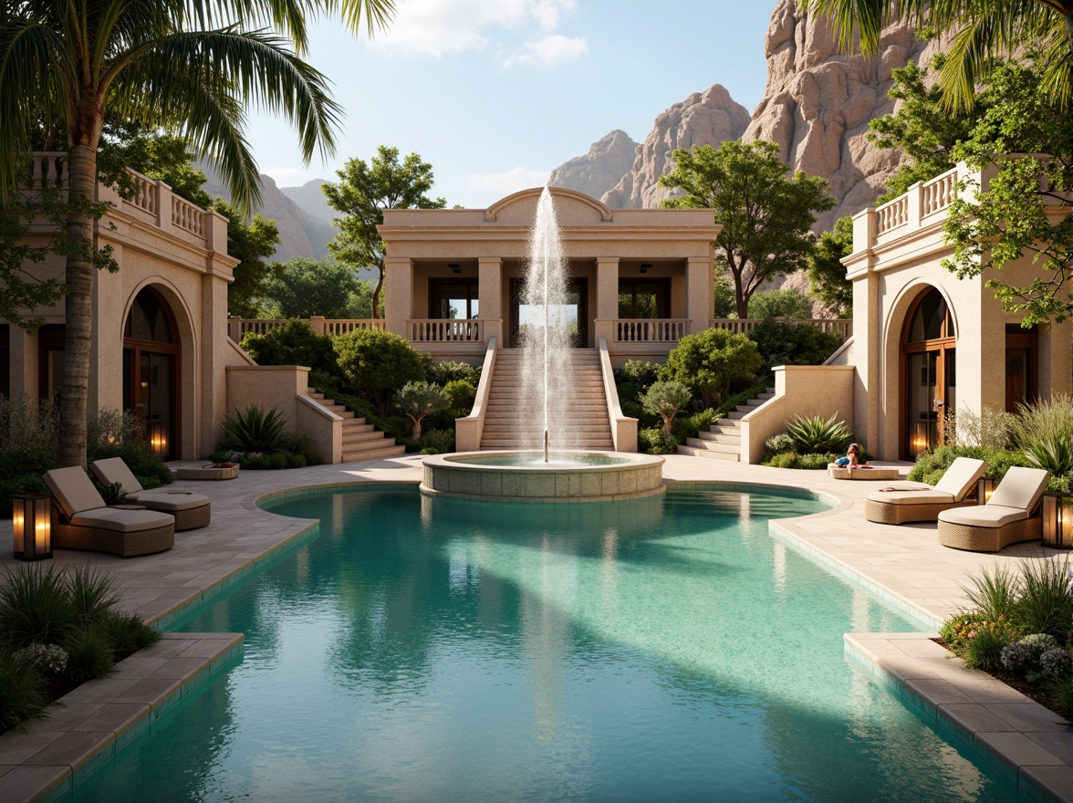 Prompt: Grandiose swimming pool, ornate fountains, majestic waterfalls, symmetrical staircases, elegant balustrades, refined stone carvings, classical columns, arched windows, soft turquoise water, lush greenery surroundings, natural rock formations, subtle misting systems, warm golden lighting, shallow depth of field, 1/2 composition, realistic textures, ambient occlusion.