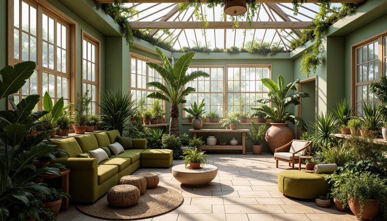 Prompt: Vibrant botanical greenhouse, lush tropical plants, warm natural light, misty atmosphere, earthy terracotta pots, reclaimed wood accents, soft sage green walls, creamy white trim, rustic metal frames, delicate glass roofs, dappled shade, warm beige stone floors, cozy reading nooks, plush green velvet sofas, natural linen textiles, woven rattan furniture, airy open spaces, refreshing morning light, gentle misting system, 1/1 composition, soft focus, realistic plant textures.