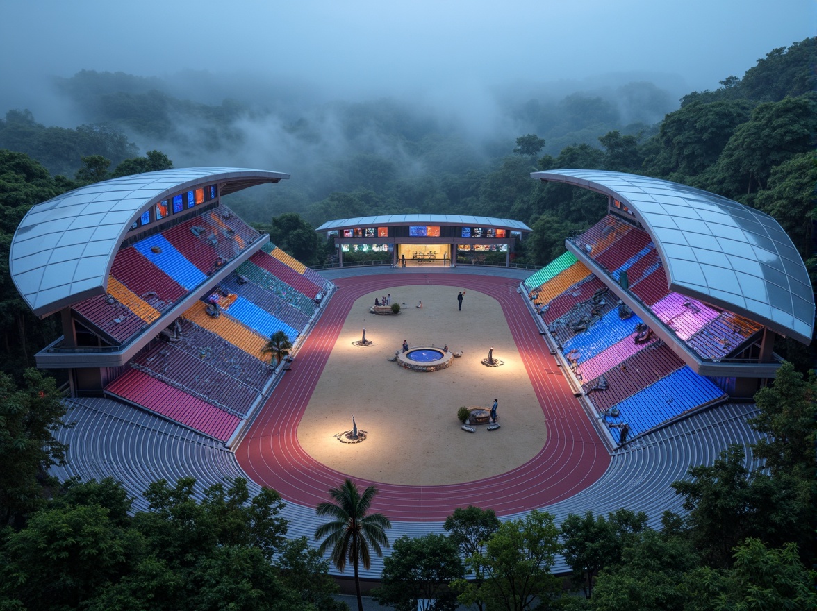 Prompt: Futuristic sports complex, undulating terrain, neon-lit athletic tracks, sleek metallic bleachers, holographic scoreboards, iridescent stadium roofs, glowing accents, vibrant LED lighting, misty atmospheric effects, shallow depth of field, 3/4 composition, panoramic view, realistic textures, ambient occlusion, lush greenery, tropical plants, palm trees, sandy pathways, winding water features, futuristic sculptures, abstract geometric patterns, dynamic kinetic architecture, wind-swept curves, aerodynamic lines.