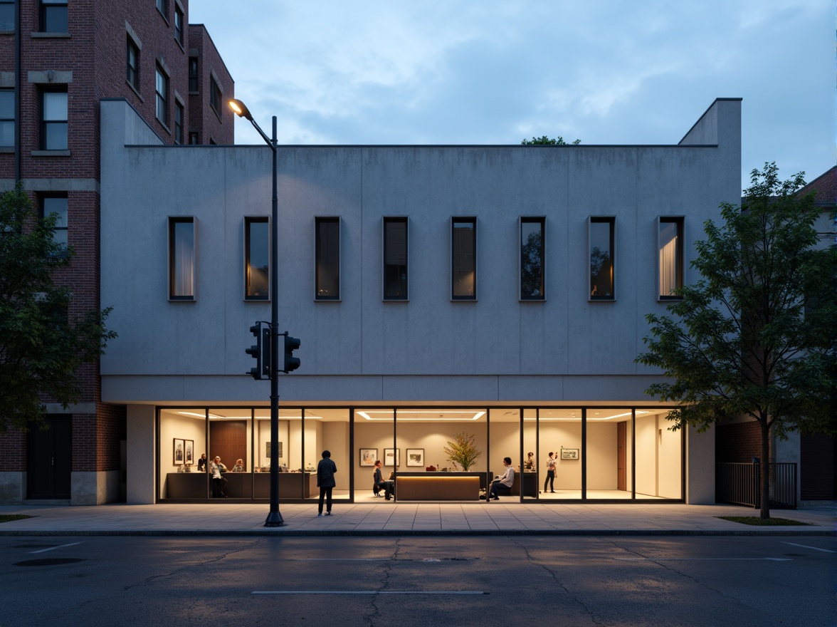 Prompt: Simple theater facade, minimalist architecture, clean lines, monochromatic color scheme, rectangular shapes, flat roofs, large glass windows, sliding doors, industrial materials, exposed concrete walls, subtle lighting, dramatic shadows, urban cityscape, evening atmosphere, soft box lights, 1/1 composition, realistic textures, ambient occlusion.