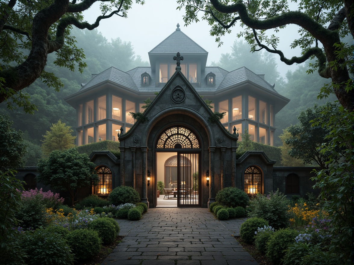 Prompt: Majestic villa, Gothic architectural style, grandiose entrance gates, ornate stone carvings, mystical forest surroundings, twisted tree branches, misty atmosphere, soft warm lighting, shallow depth of field, 3/4 composition, panoramic view, realistic textures, ambient occlusion, lush greenery, vibrant flowers, winding stone pathways, serene water features, rustic wooden bridges, mysterious fog effects, dramatic cloud formations, intricate stonework patterns, ornate metal decorations.