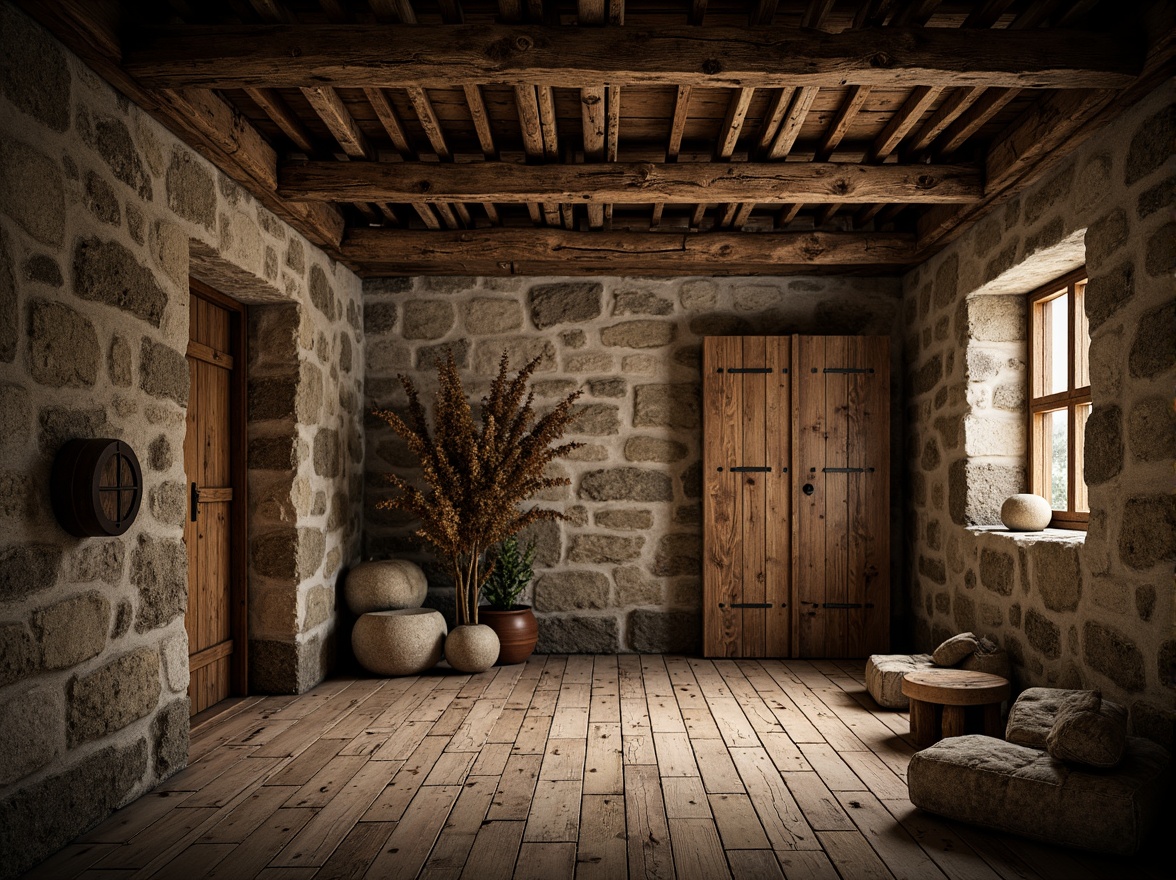 Prompt: Rough-hewn stone walls, distressed wood planks, rustic metal accents, earthy color palette, natural materiality, organic forms, tactile experiences, sensory engagement, atmospheric lighting, warm ambient glow, shallow depth of field, 1/1 composition, realistic textures, subtle normal mapping, cinematic mood, evocative atmosphere.