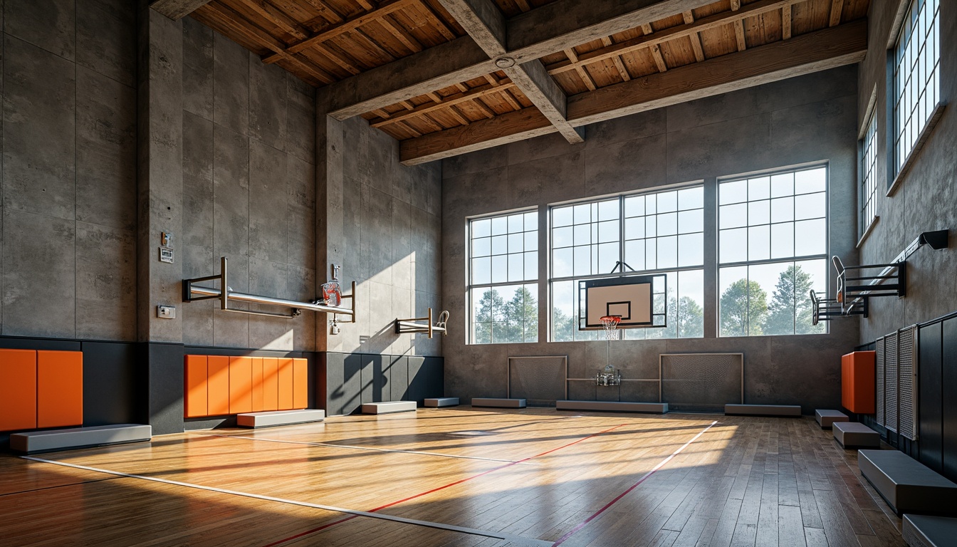 Prompt: Modern gymnasium interior, textured concrete walls, wooden flooring, metallic equipment, athletic tracks, basketball hoops, sports nets, spectator seating, natural light pouring in, large windows, industrial-style lighting, shallow depth of field, 1/1 composition, realistic textures, ambient occlusion, vibrant color accents, dynamic shadows, high-contrast lighting, dramatic atmosphere.