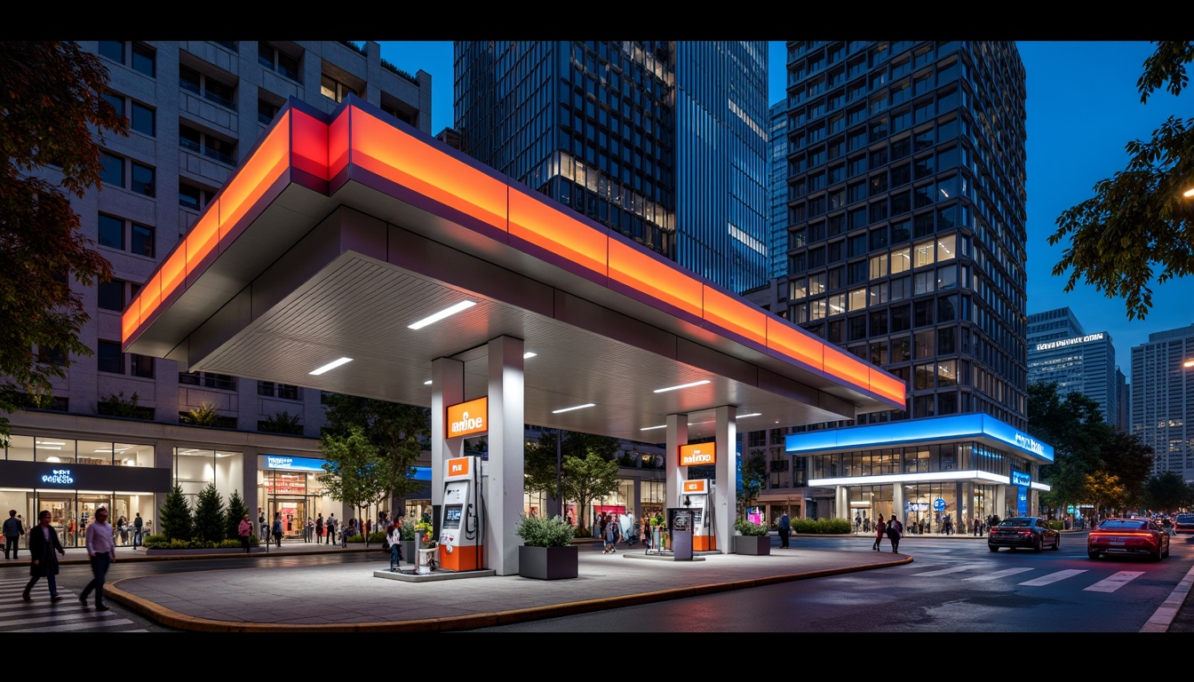 Prompt: Vibrant gas station, neon lights, bold signage, metallic fuel pumps, sleek modern architecture, reflective glass surfaces, angular lines, industrial materials, urban cityscape, busy streets, night scene, dramatic lighting, shallow depth of field, 1/1 composition, realistic textures, ambient occlusion, bright color scheme, electric blue accents, fiery orange hues, deep black tones, metallic silver highlights.