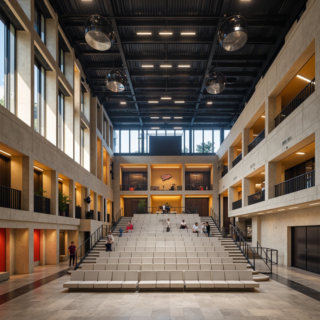 Prompt: Geometric auditorium, minimalist seating, industrial lighting fixtures, exposed ductwork, polished concrete floors, steel beams, functionalist architecture, rectangular shapes, primary color accents, bold typography, cantilevered balconies, asymmetrical compositions, natural light pouring in, high ceilings, open floor plans, modernist design elements, brutalist textures, abstract artwork, educational settings, collaborative learning spaces, flexible seating arrangements, moveable partitions, acoustic panels, sound-absorbing materials.