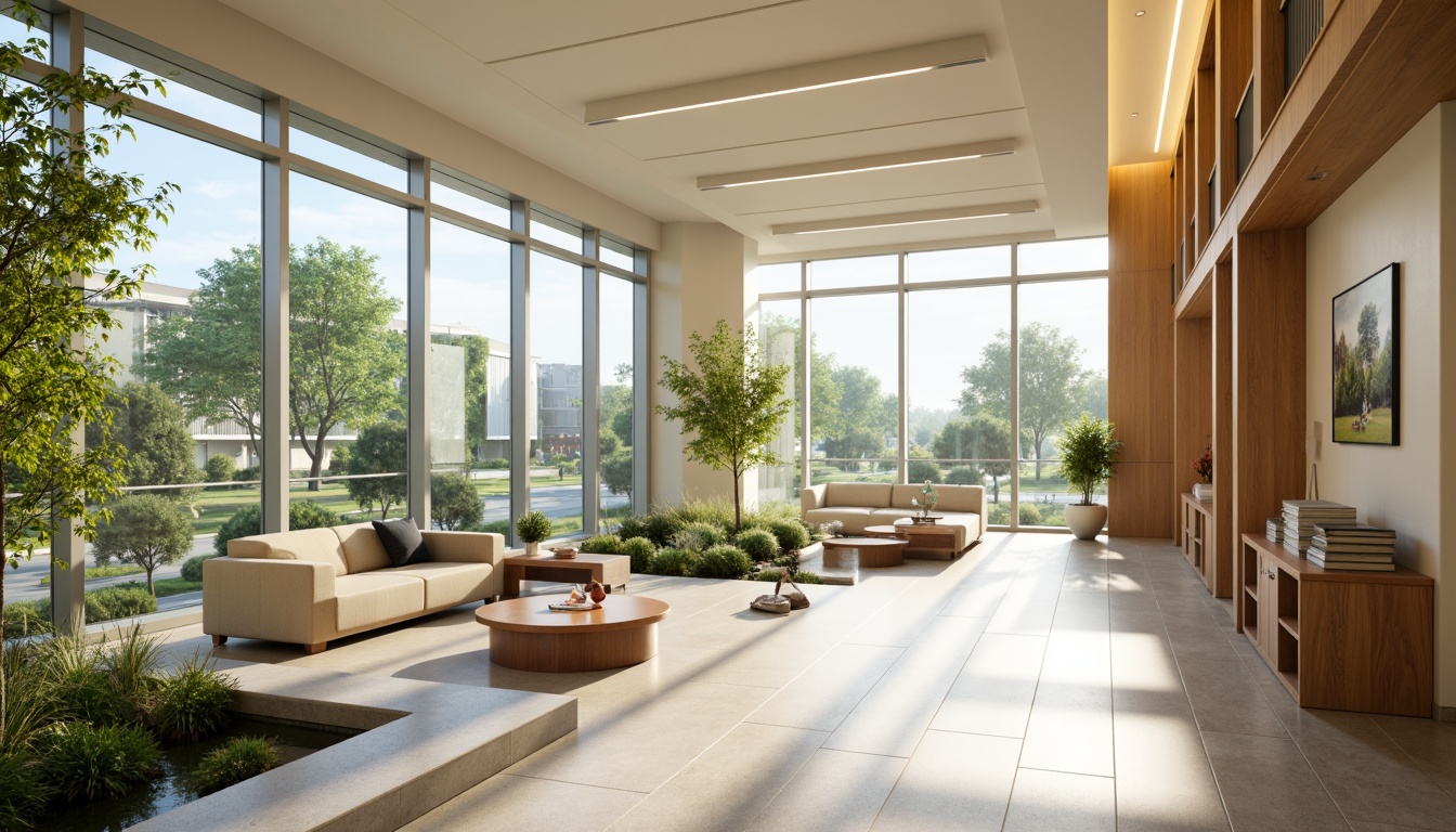 Prompt: Serene hospital interior, abundant natural light, floor-to-ceiling windows, greenery views, calming atmosphere, warm wood accents, soft pastel colors, gentle curves, minimalist decor, comfortable seating areas, quiet reading nooks, soothing water features, peaceful artwork, natural stone flooring, warm beige walls, modern medical equipment, sleek metal fixtures, subtle ambient lighting, shallow depth of field, 1/1 composition, realistic textures, ambient occlusion.