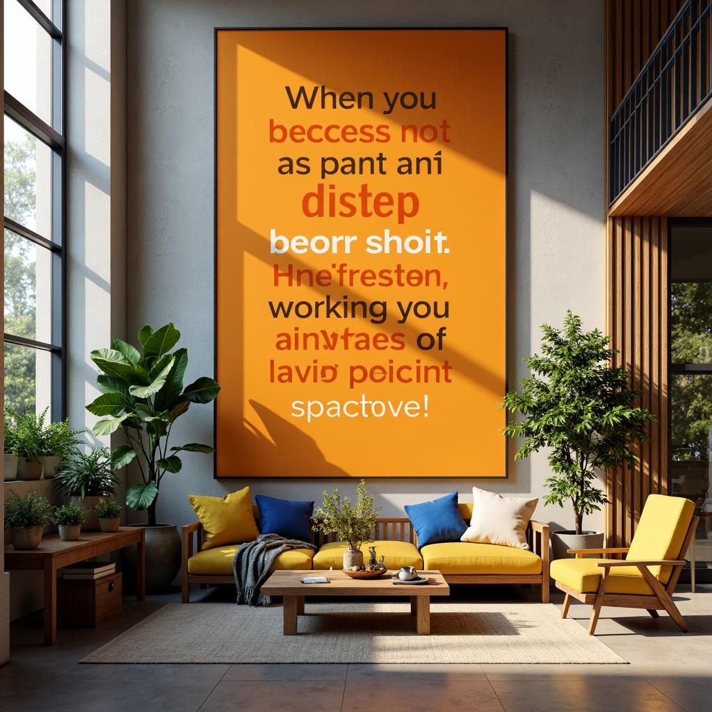 Prompt: Vibrant motivational space, bold typography, energetic orange hues, uplifting yellow accents, calming blue undertones, inspiring quotes, modern minimalist decor, sleek metallic frames, natural wood textures, abundant greenery, refreshing morning light, soft focus, shallow depth of field, 1/1 composition, realistic renderings, ambient occlusion.