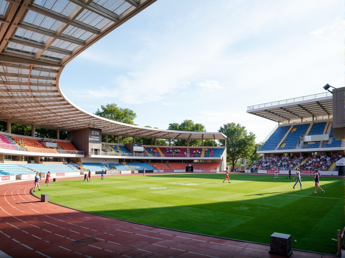 Prompt: Athletic track, lush green grass, vibrant sports equipment, goalposts, scoreboards, spectator stands, modern stadium architecture, sleek metal bleachers, transparent glass railings, dynamic angular lines, functional minimalist design, efficient crowd circulation, accessible entrances, intuitive wayfinding, natural stone pathways, shaded areas, misting systems, warm sunny day, soft diffused lighting, shallow depth of field, 3/4 composition, panoramic view, realistic textures, ambient occlusion.